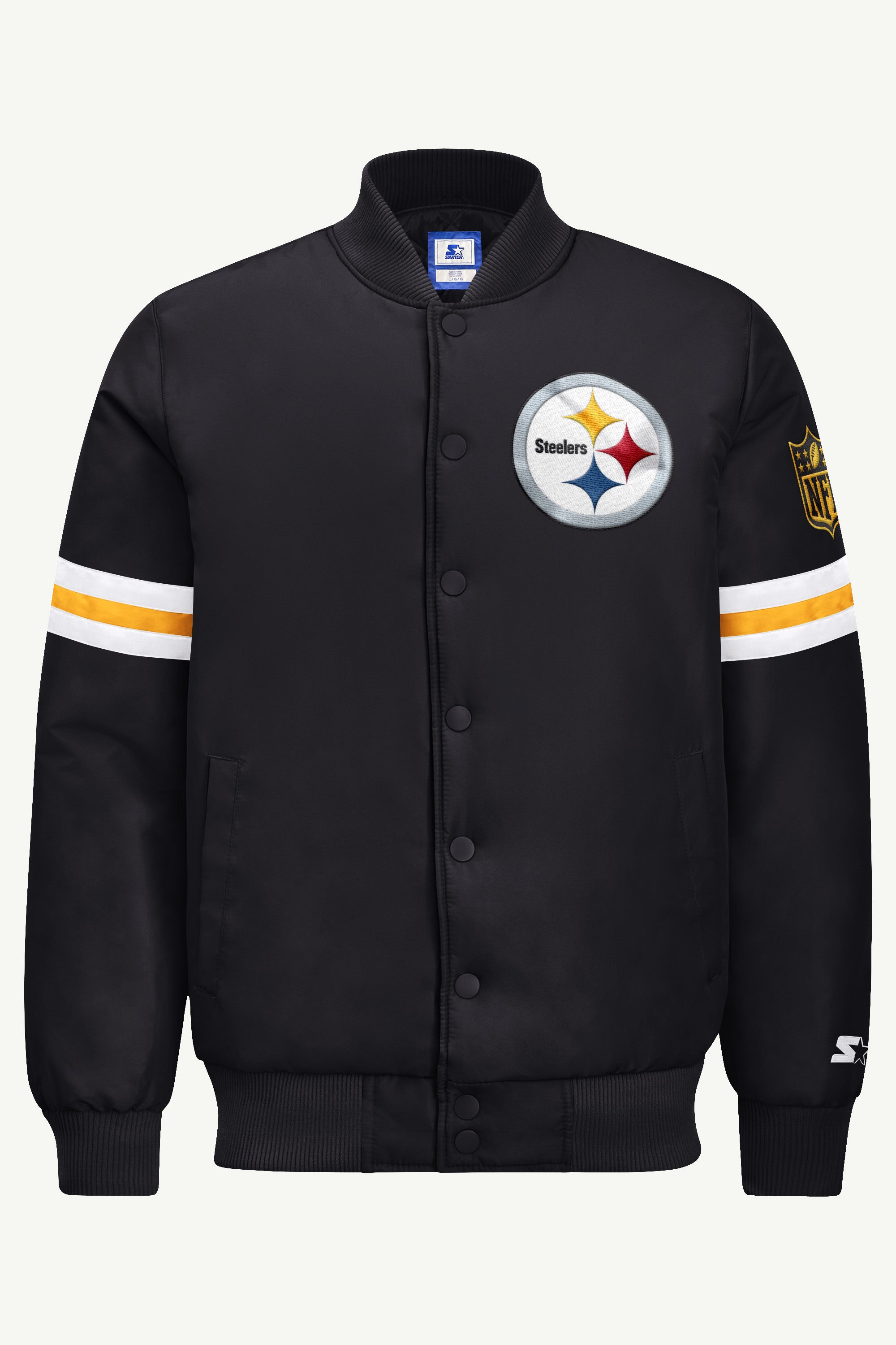 MENS PITTSBURGH STEELERS STRIPE SLEEVE VARSITY JACKET View 2 MENS PITTSBURGH STEELERS STRIPE SLEEVE VARSITY JACKET View 2