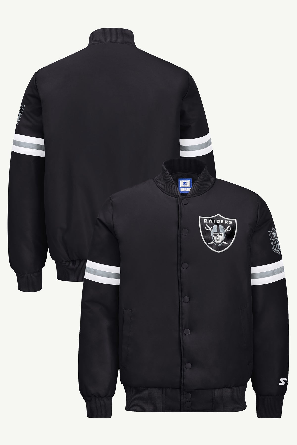 MENS LAS VEGAS RAIDERS STRIPE SLEEVE VARSITY JACKET View 1 | STARTER JACKETS MENS LAS VEGAS RAIDERS STRIPE SLEEVE VARSITY JACKET View 1 | STARTER JACKETS