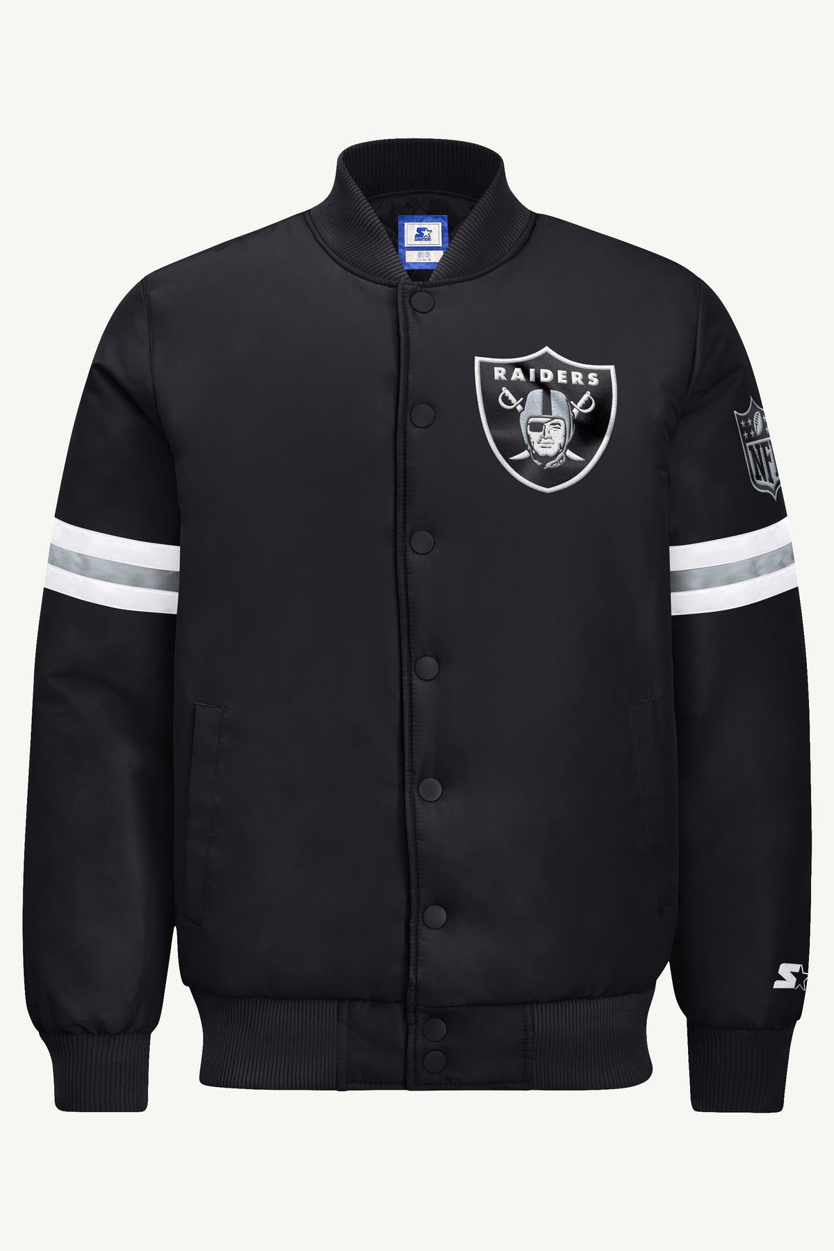 MENS LAS VEGAS RAIDERS STRIPE SLEEVE VARSITY JACKET View 2 | STARTER JACKETS MENS LAS VEGAS RAIDERS STRIPE SLEEVE VARSITY JACKET View 2 | STARTER JACKETS