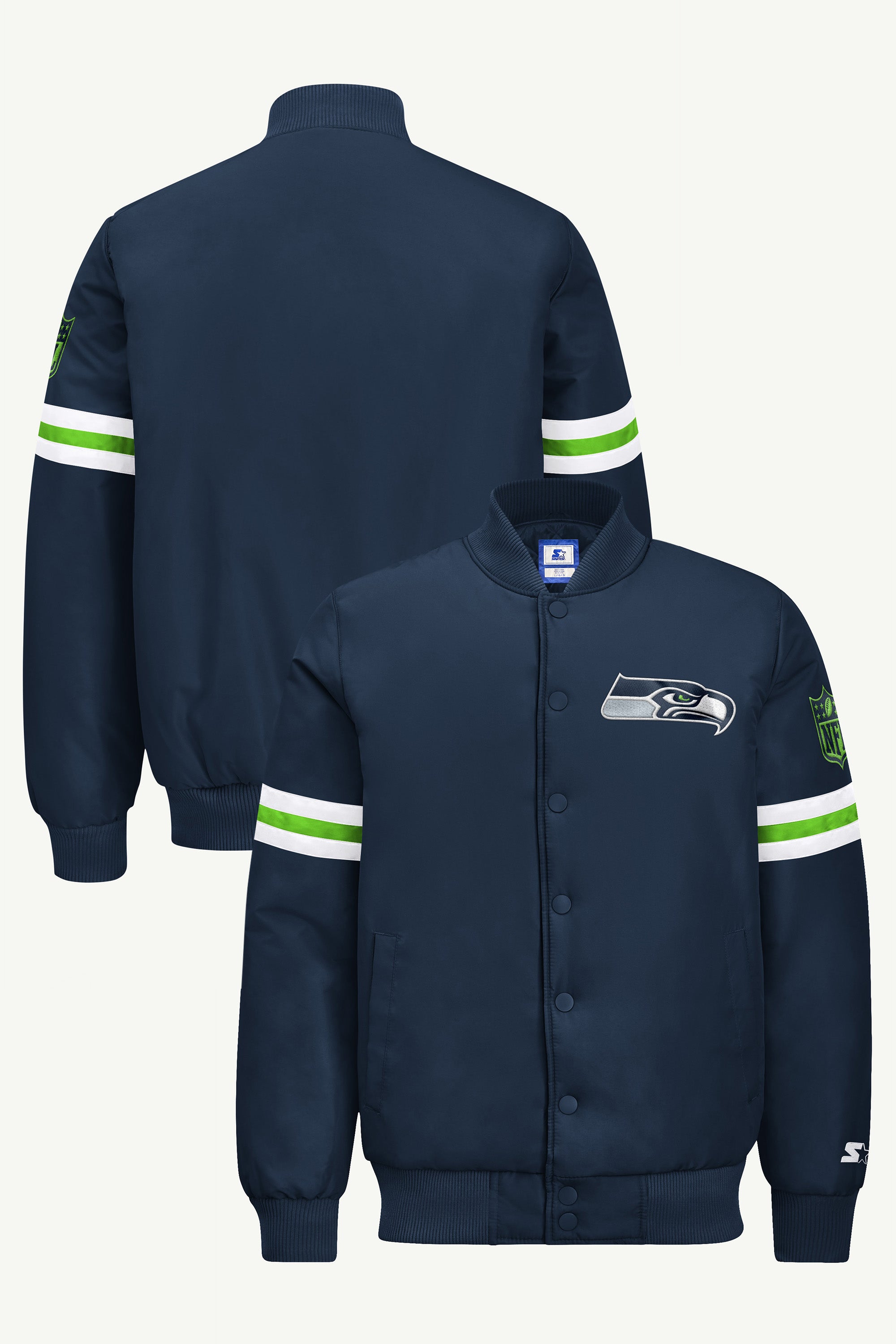MENS SEATTLE SEAHAWKS STRIPE SLEEVE VARSITY JACKET View 1 MENS SEATTLE SEAHAWKS STRIPE SLEEVE VARSITY JACKET View 1
