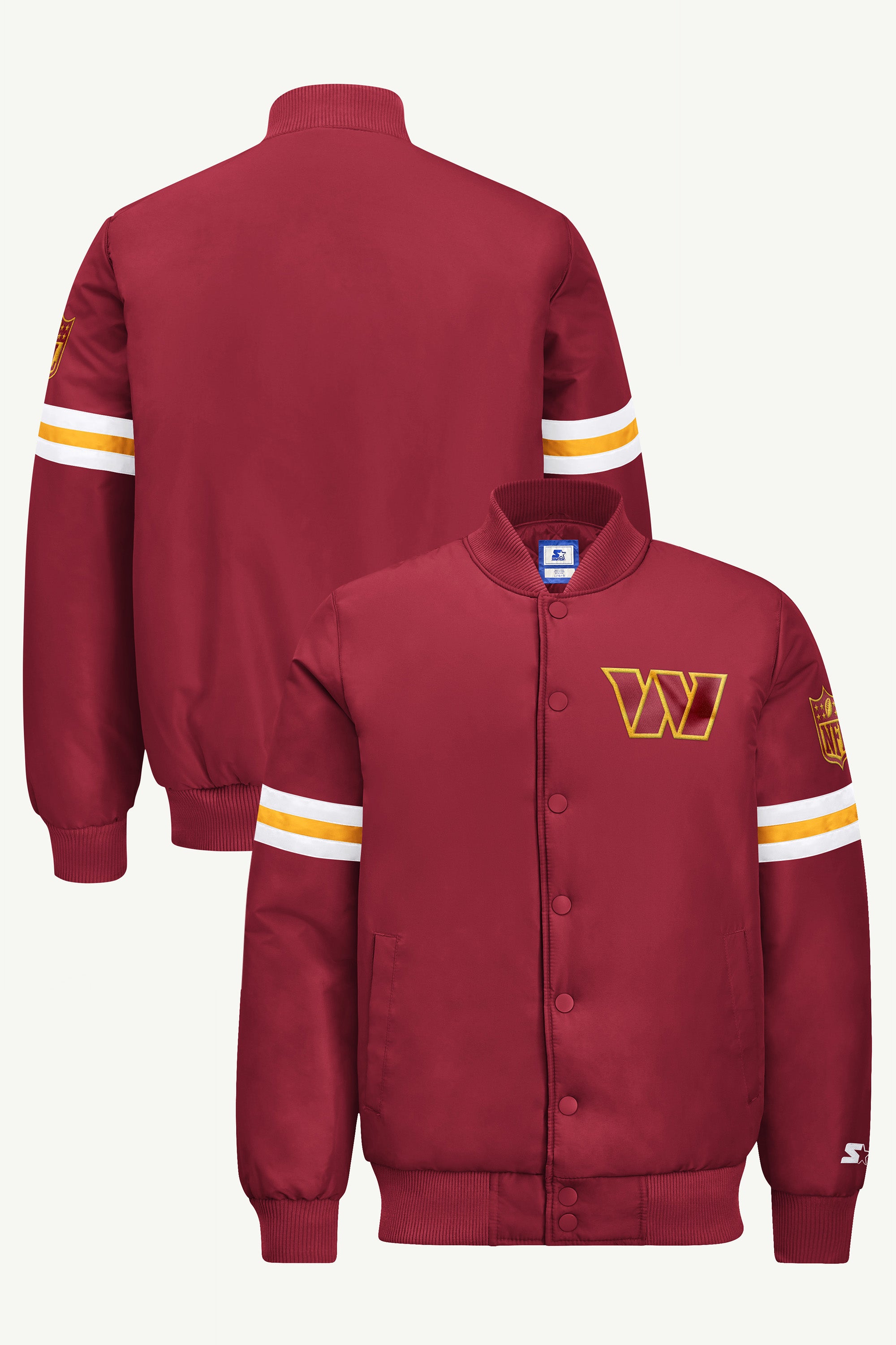 MENS WASHINGTON COMMANDERS STRIPE SLEEVE VARSITY JACKET View 1 | STARTER JACKETS MENS WASHINGTON COMMANDERS STRIPE SLEEVE VARSITY JACKET View 1 | STARTER JACKETS