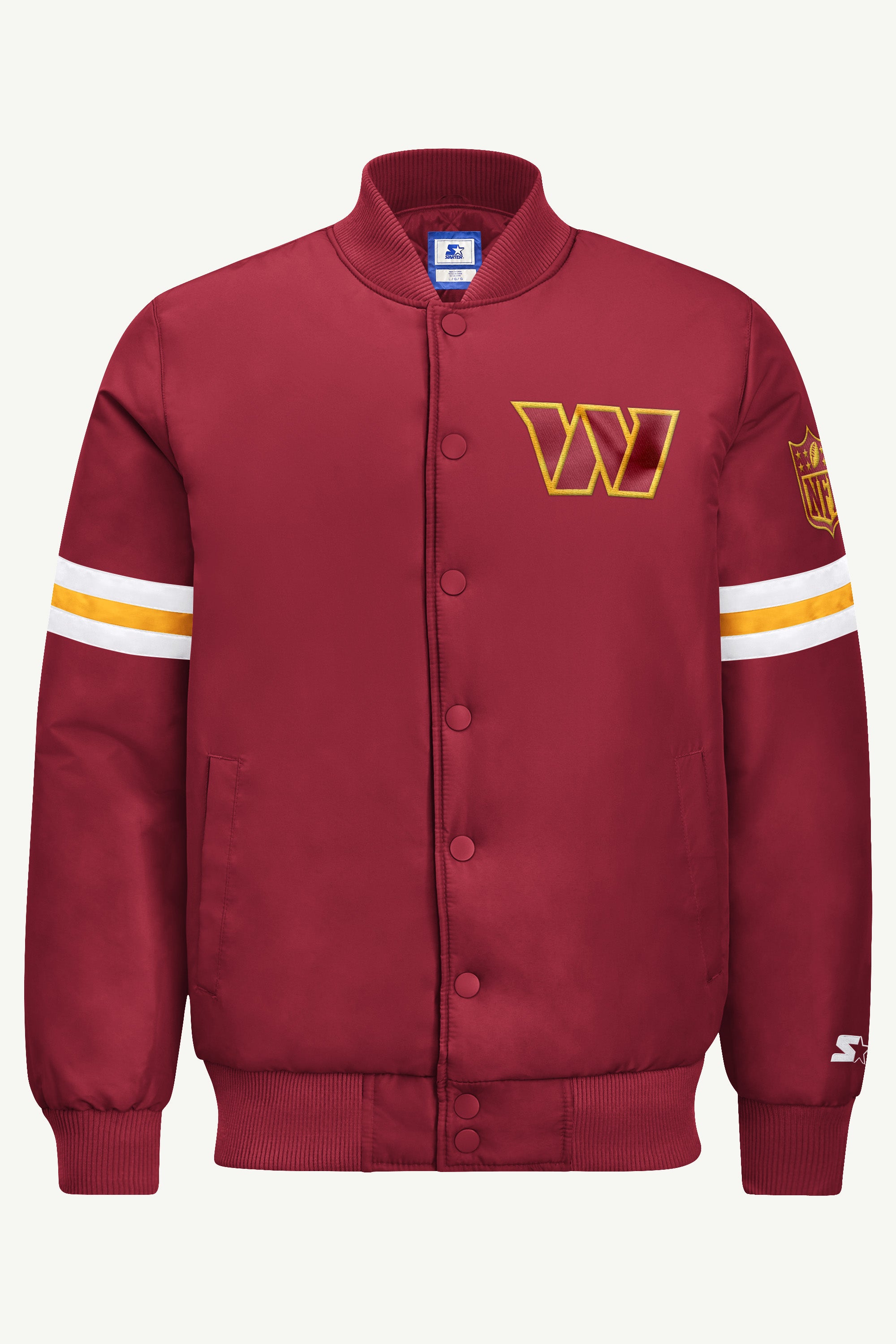 MENS WASHINGTON COMMANDERS STRIPE SLEEVE VARSITY JACKET View 2 | STARTER JACKETS MENS WASHINGTON COMMANDERS STRIPE SLEEVE VARSITY JACKET View 2 | STARTER JACKETS