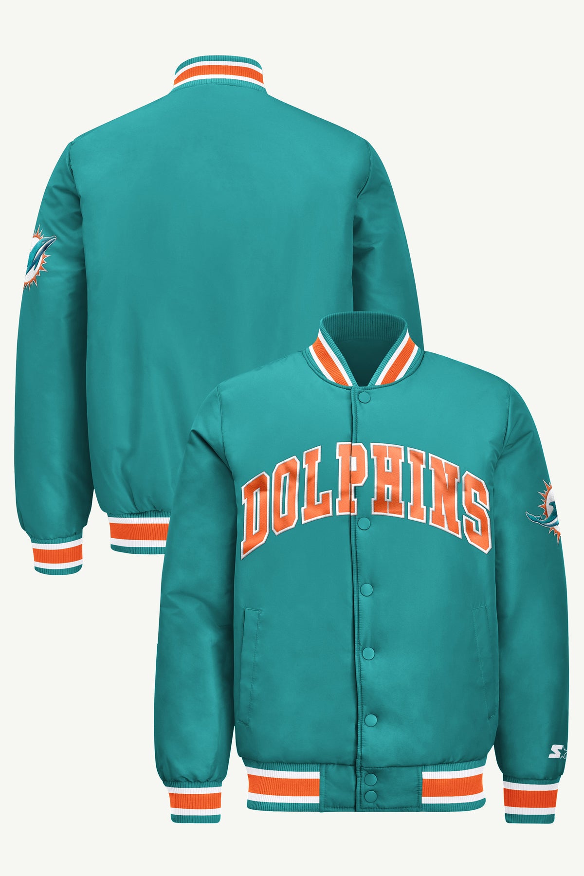MENS MIAMI DOLPHINS ACROSS SATIN VARSITY JACKET View 1 MENS MIAMI DOLPHINS ACROSS SATIN VARSITY JACKET View 1