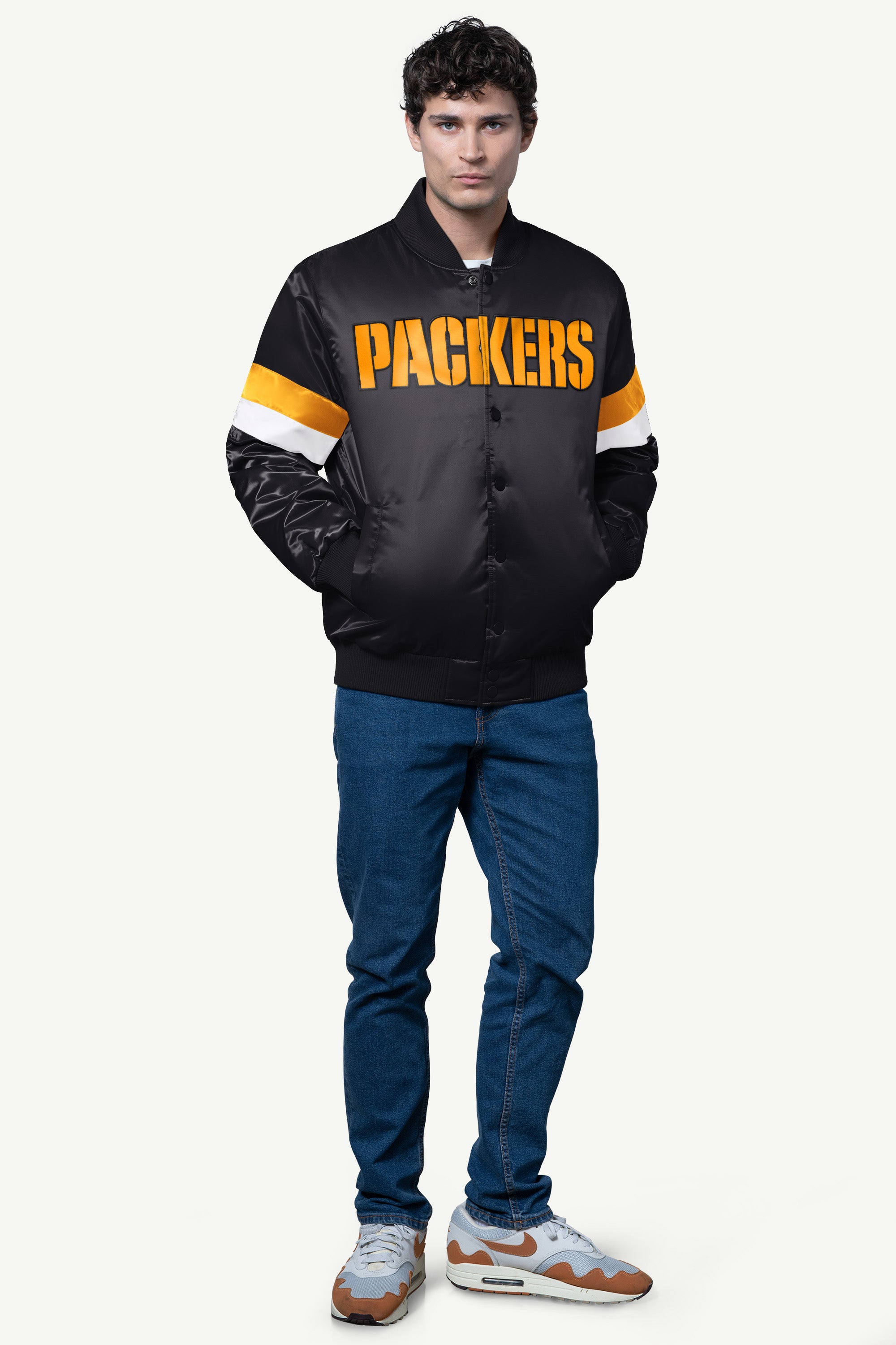 MENS GREEN BAY PACKERS SATIN VARSITY JACKET View 3 MENS GREEN BAY PACKERS SATIN VARSITY JACKET View 3
