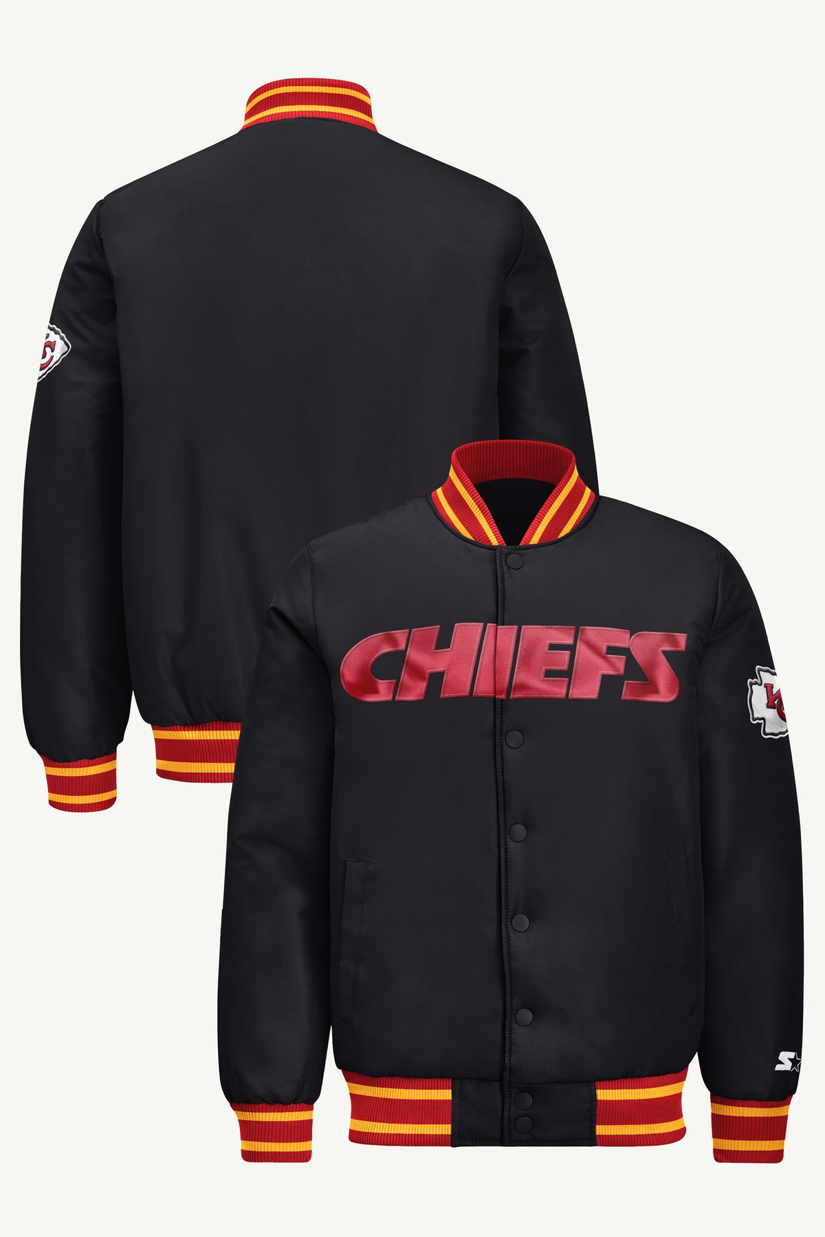MENS KANSAS CITY CHIEFS ACROSS SATIN VARSITY JACKET View 1 MENS KANSAS CITY CHIEFS ACROSS SATIN VARSITY JACKET View 1