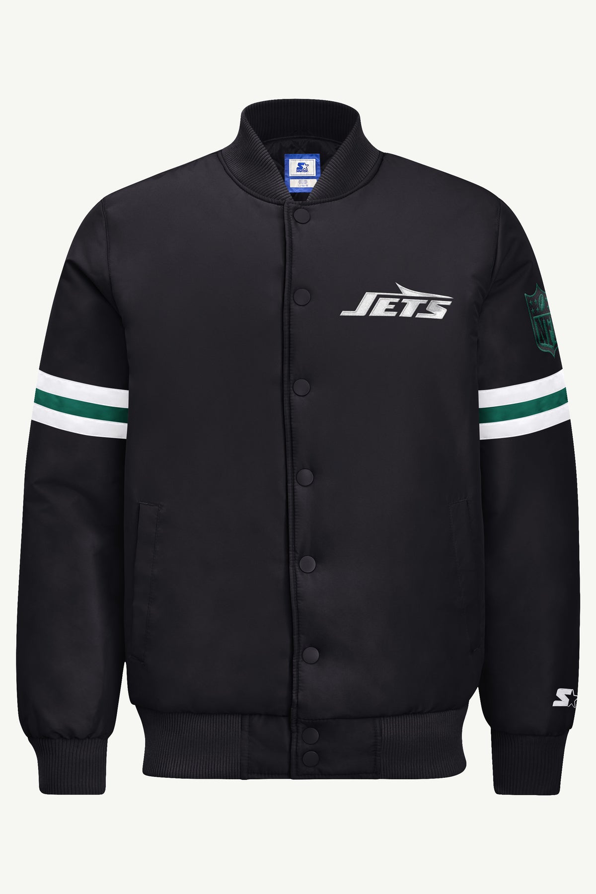 MENS NEW YORK JETS STRIPE SLEEVE VARSITY JACKET View 2 MENS NEW YORK JETS STRIPE SLEEVE VARSITY JACKET View 2