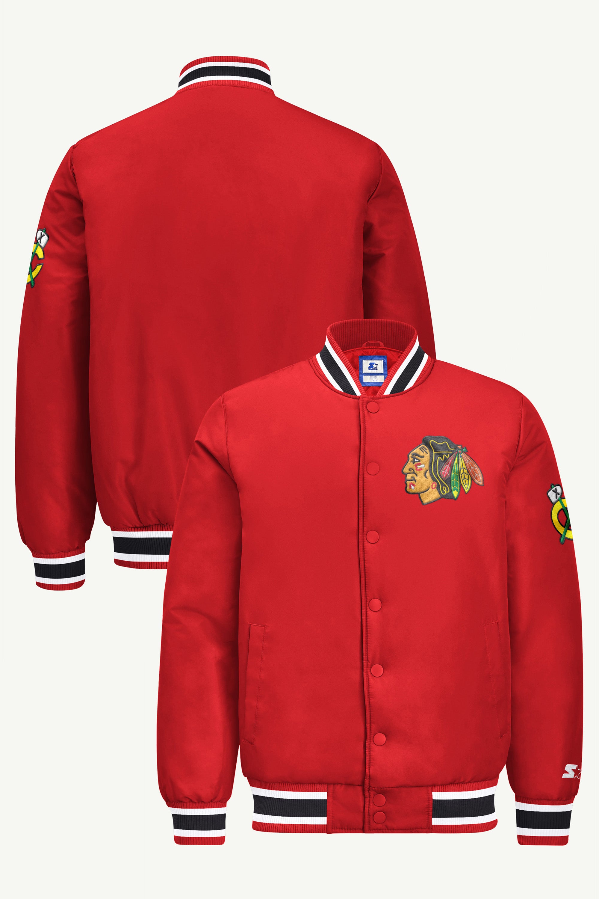 MENS CHICAGO BLACKHAWKS GAME DAY SATIN VARSITY JACKET View 1 MENS CHICAGO BLACKHAWKS GAME DAY SATIN VARSITY JACKET View 1