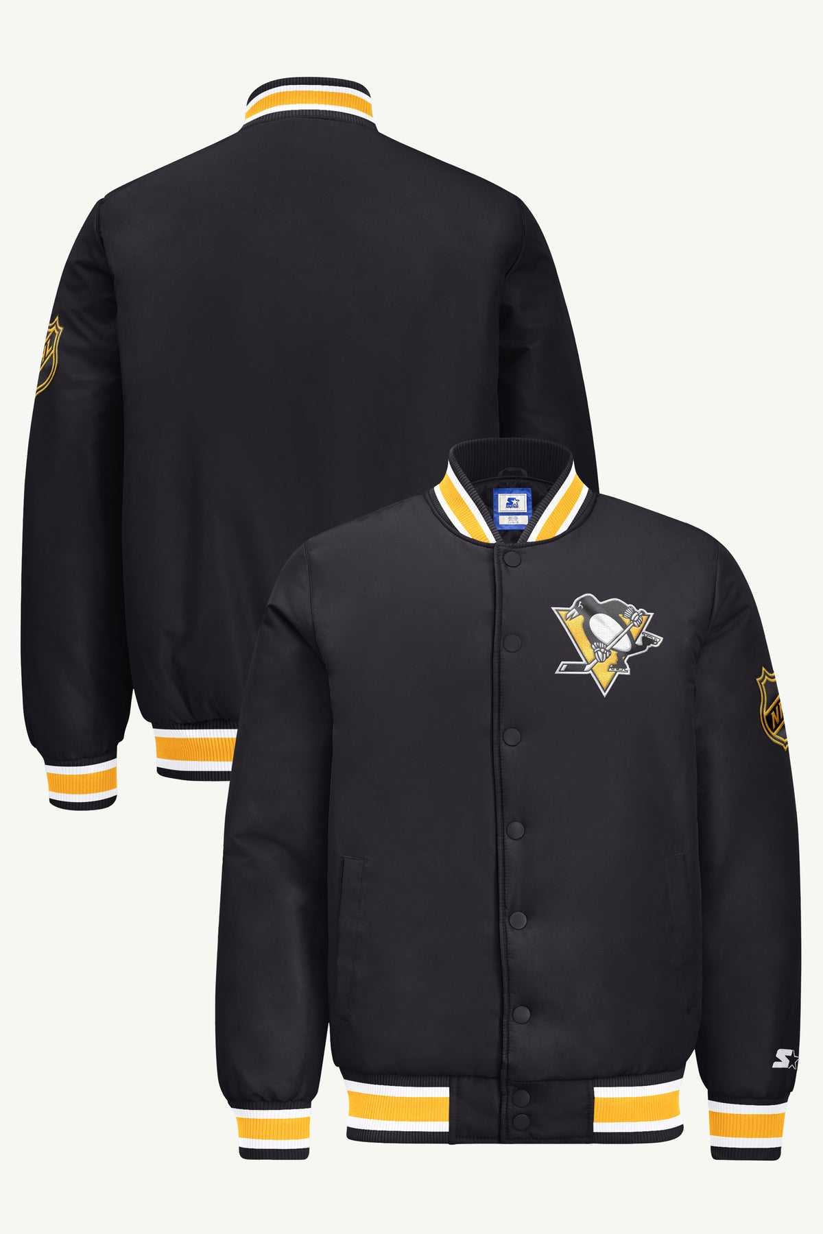 MENS PITTSBURGH PENGUINS GAME DAY SATIN VARSITY JACKET View 1 MENS PITTSBURGH PENGUINS GAME DAY SATIN VARSITY JACKET View 1