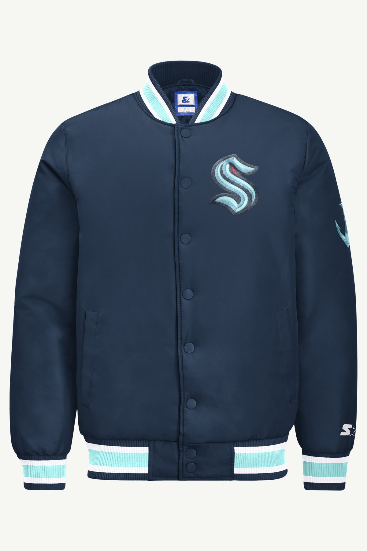 MENS SEATTLE KRAKEN GAME DAY SATIN VARSITY JACKET View 2 MENS SEATTLE KRAKEN GAME DAY SATIN VARSITY JACKET View 2