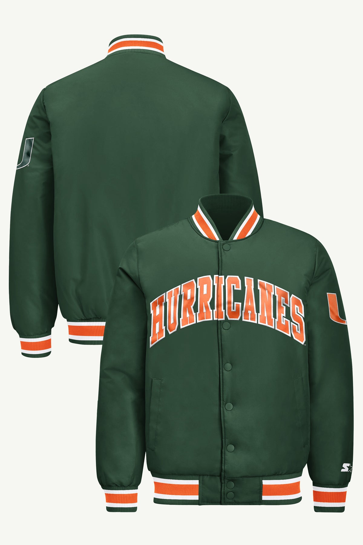 MENS MIAMI HURRICANES ACROSS SATIN VARSITY JACKET View 1 MENS MIAMI HURRICANES ACROSS SATIN VARSITY JACKET View 1