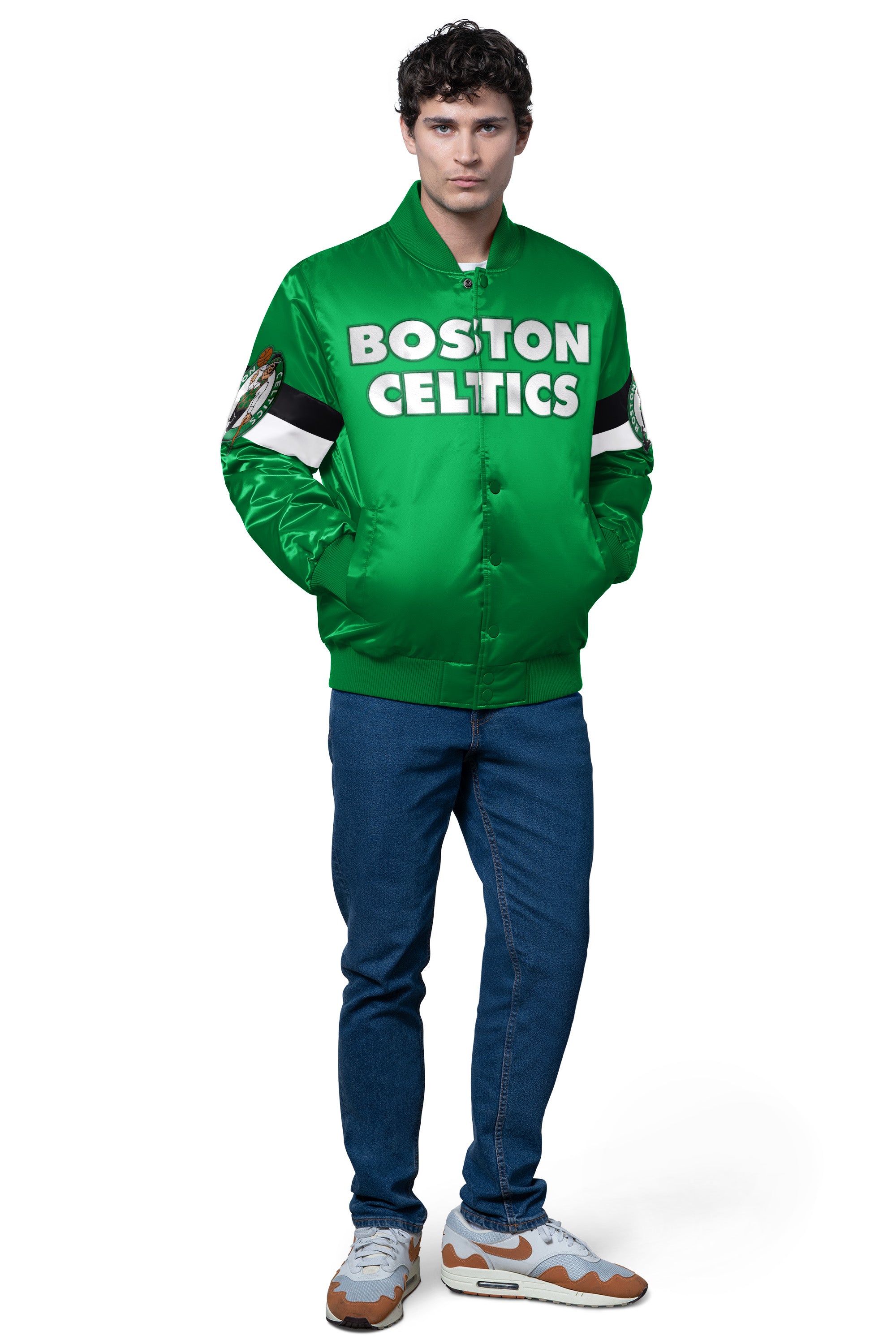 MENS BOSTON CELTICS TRIPLE OPTION SATIN VARSITY JACKET View 3 MENS BOSTON CELTICS TRIPLE OPTION SATIN VARSITY JACKET View 3