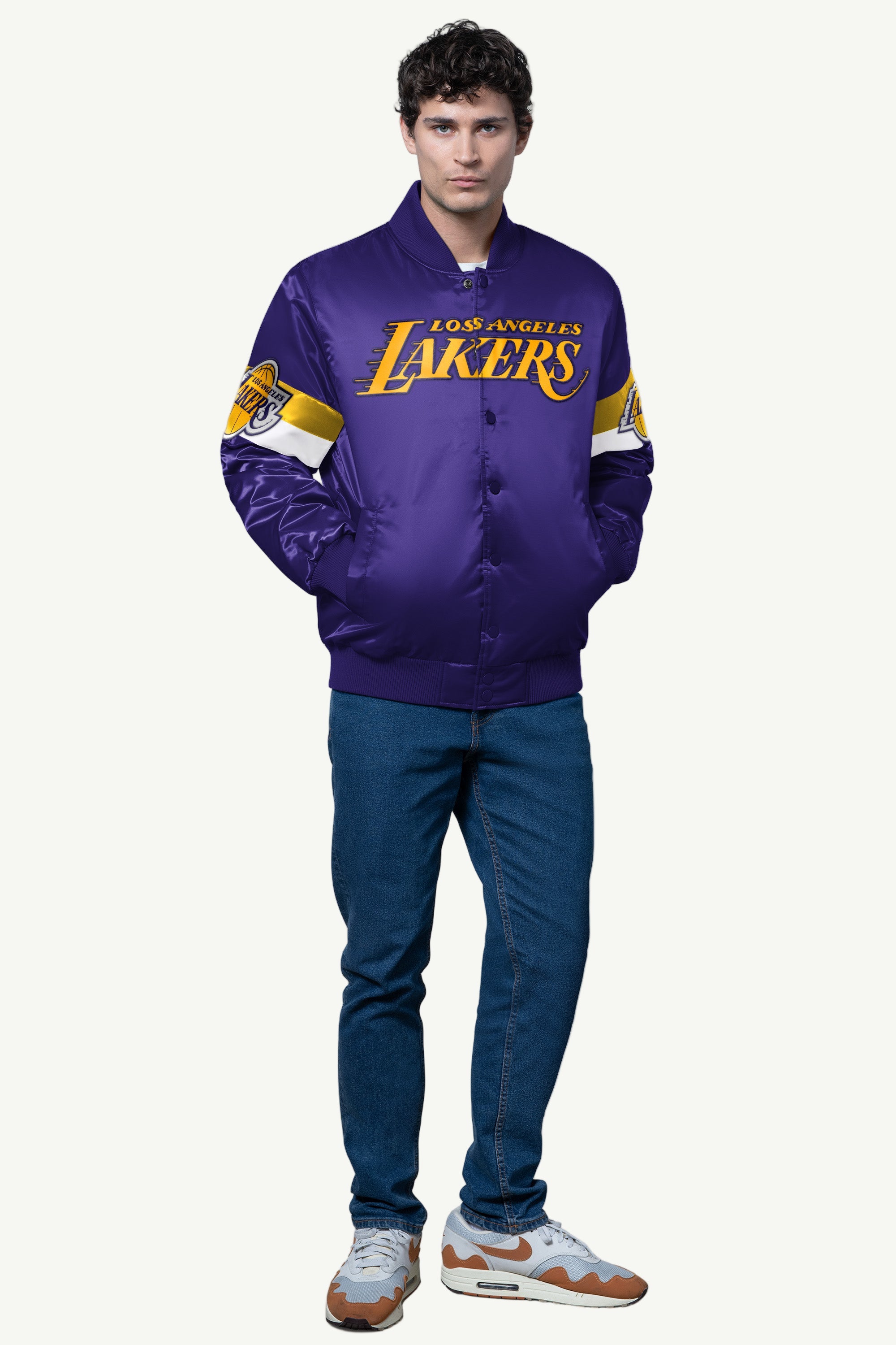 MENS LA LAKERS TRIPLE OPTION SATIN VARSITY JACKET View 3 MENS LA LAKERS TRIPLE OPTION SATIN VARSITY JACKET View 3