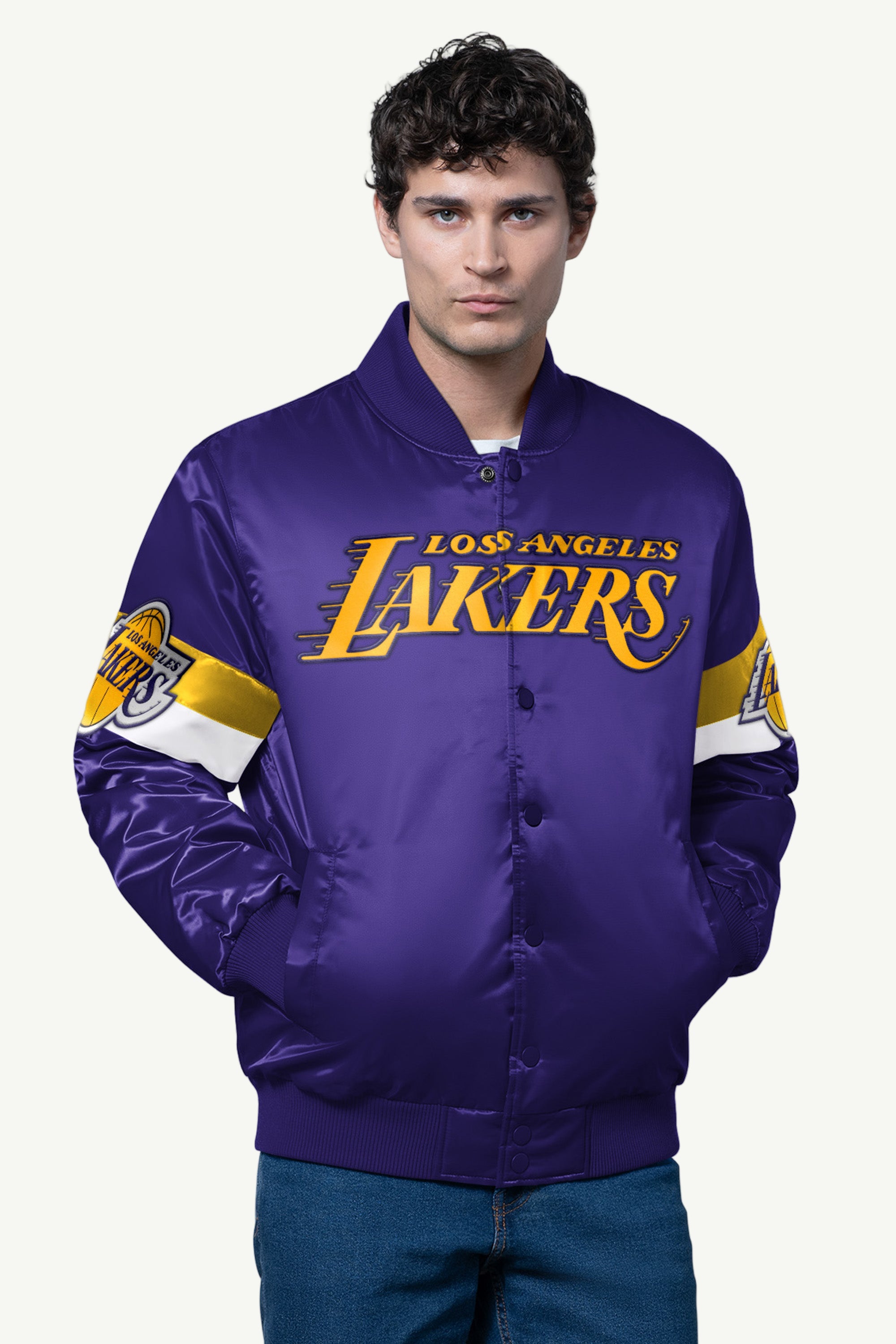 MENS LA LAKERS TRIPLE OPTION SATIN VARSITY JACKET View 1 | Los Angeles Lakers MENS LA LAKERS TRIPLE OPTION SATIN VARSITY JACKET View 1 | Los Angeles Lakers