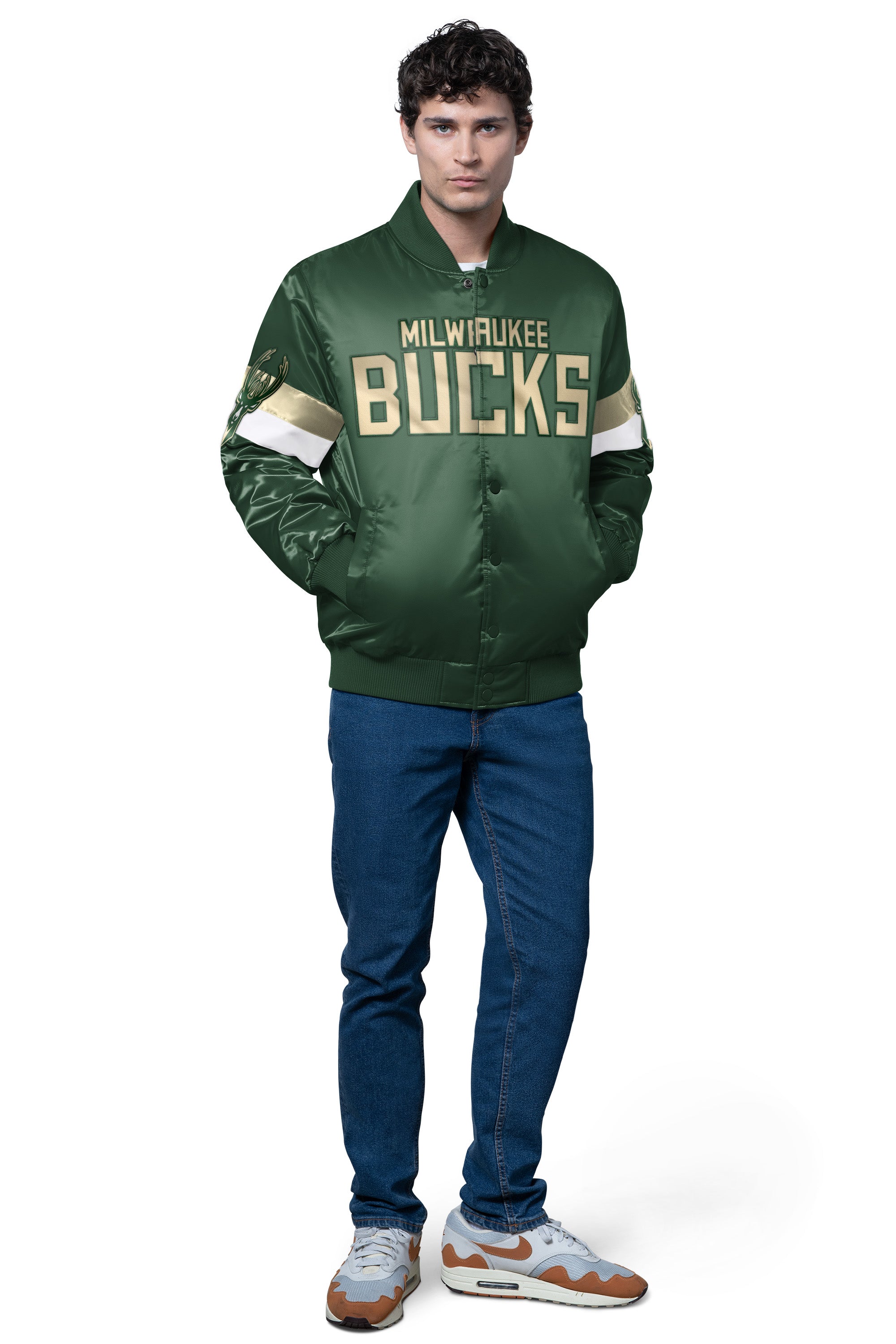 MENS MILWAUKEE BUCKS TRIPLE OPTION SATIN VARSITY JACKET View 2 | NBA MENS MILWAUKEE BUCKS TRIPLE OPTION SATIN VARSITY JACKET View 2 | NBA