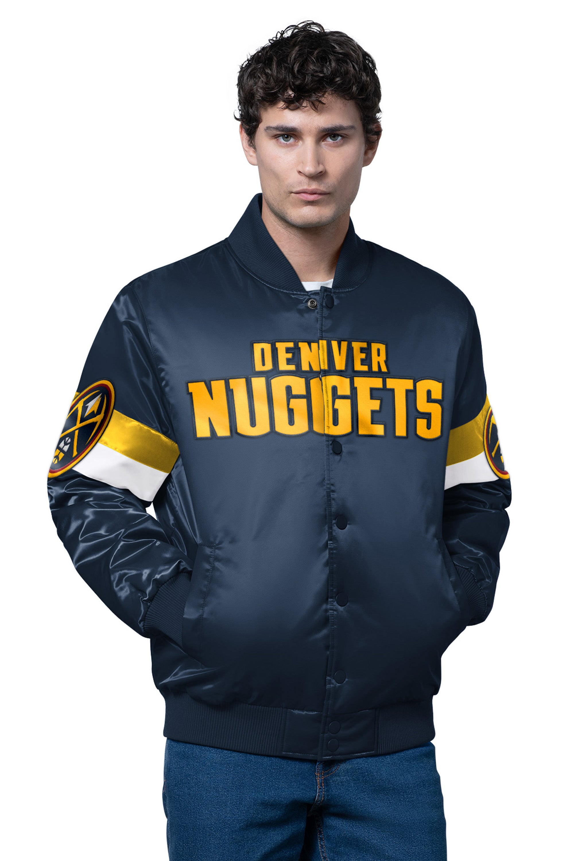 MENS DENVER NUGGETS TRIPLE OPTION SATIN VARISITY JACKET View 1 | NBA MENS DENVER NUGGETS TRIPLE OPTION SATIN VARISITY JACKET View 1 | NBA