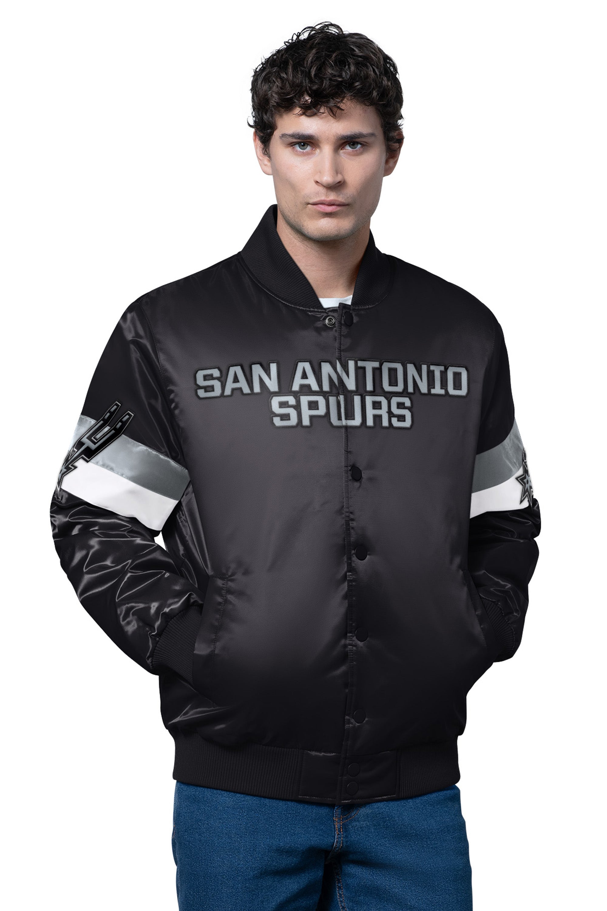 MENS SAN ANTONIO SPURS TRIPLE OPTION SATIN VARSITY JACKET View 1 | NBA MENS SAN ANTONIO SPURS TRIPLE OPTION SATIN VARSITY JACKET View 1 | NBA