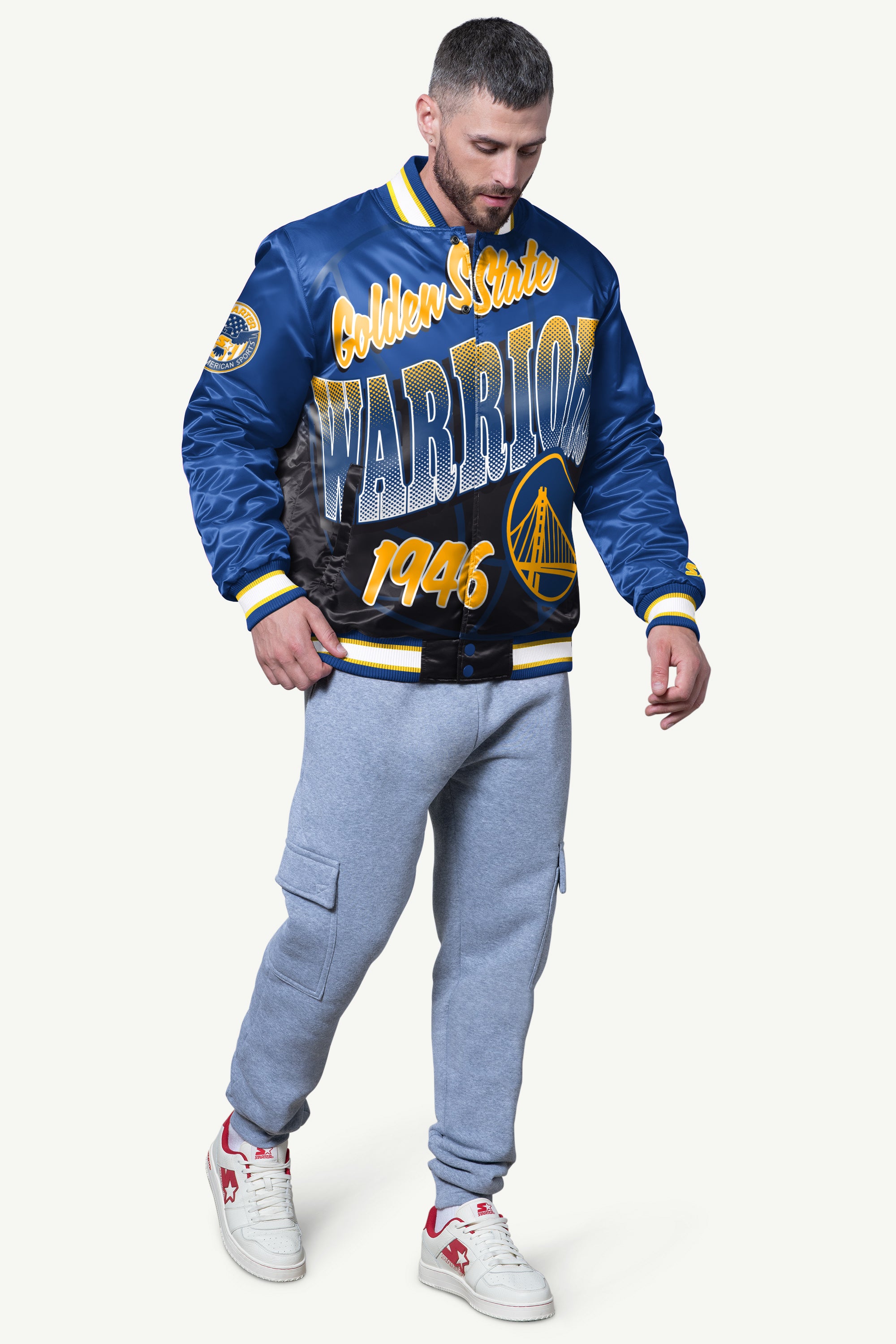 MENS GOLDEN STATE WARRIORS PASS RUSH SATIN VARSITY JACKET View 3 | Starter Jackets MENS GOLDEN STATE WARRIORS PASS RUSH SATIN VARSITY JACKET View 3 | Starter Jackets