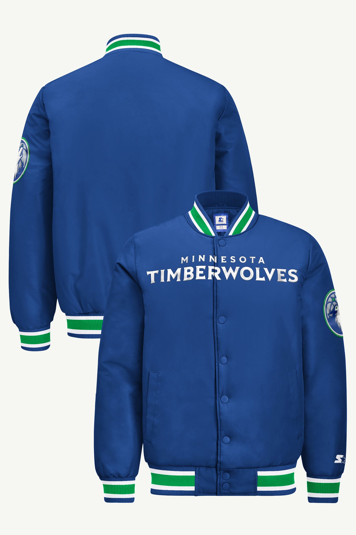 MENS MINNESOTA TIMBERWOLVES ACROSS SATIN VARSITY JACKET View 1 MENS MINNESOTA TIMBERWOLVES ACROSS SATIN VARSITY JACKET View 1