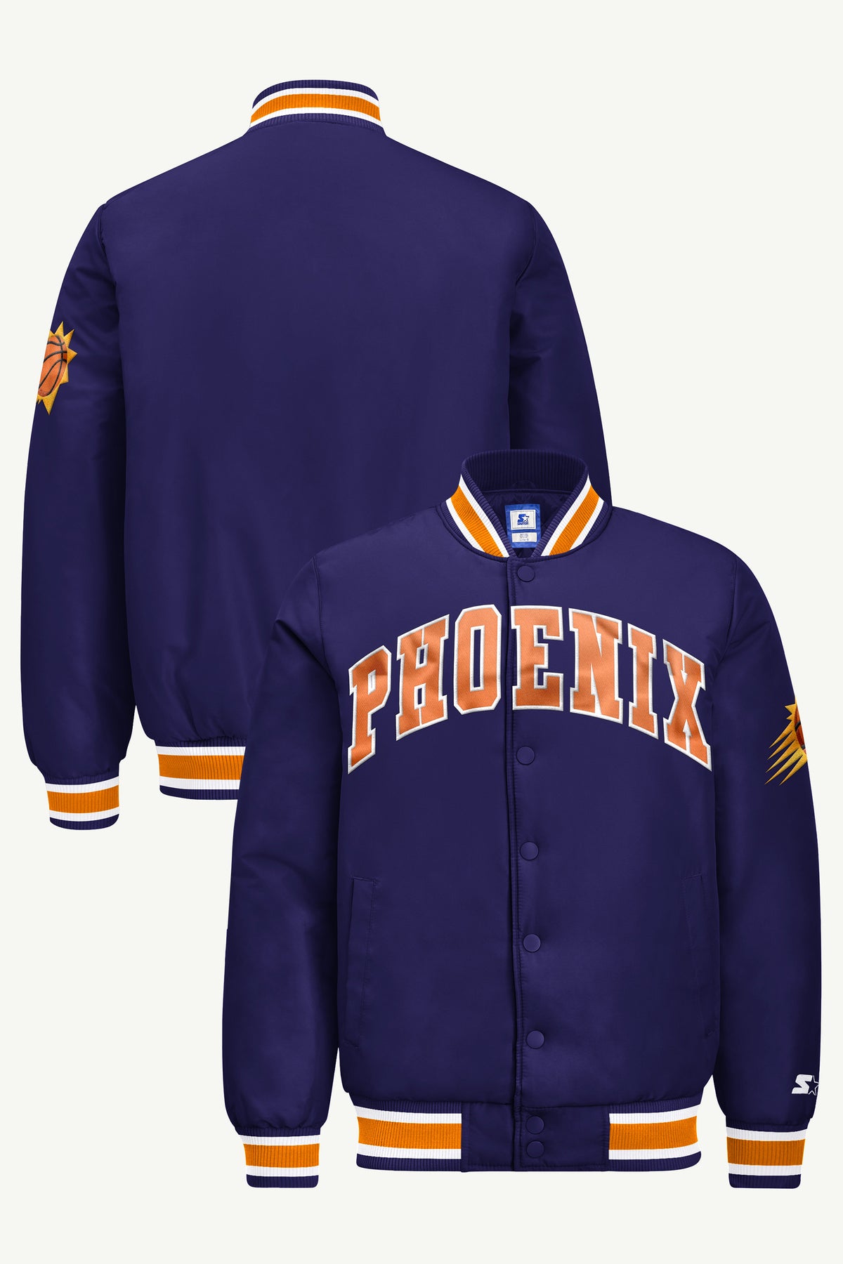 MENS PHOENIX SUNS ACROSS SATIN VARSITY JACKET View 1 MENS PHOENIX SUNS ACROSS SATIN VARSITY JACKET View 1