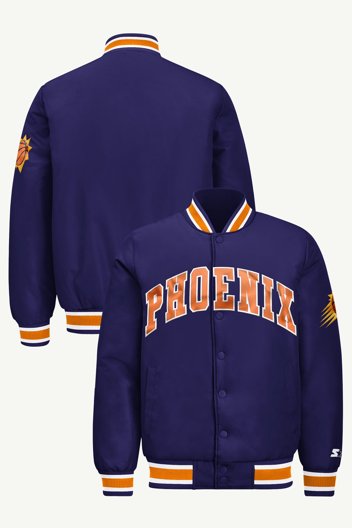 MENS PHOENIX SUNS ACROSS SATIN VARSITY JACKET View 1 | Men's Starter Jackets MENS PHOENIX SUNS ACROSS SATIN VARSITY JACKET View 1 | Men's Starter Jackets