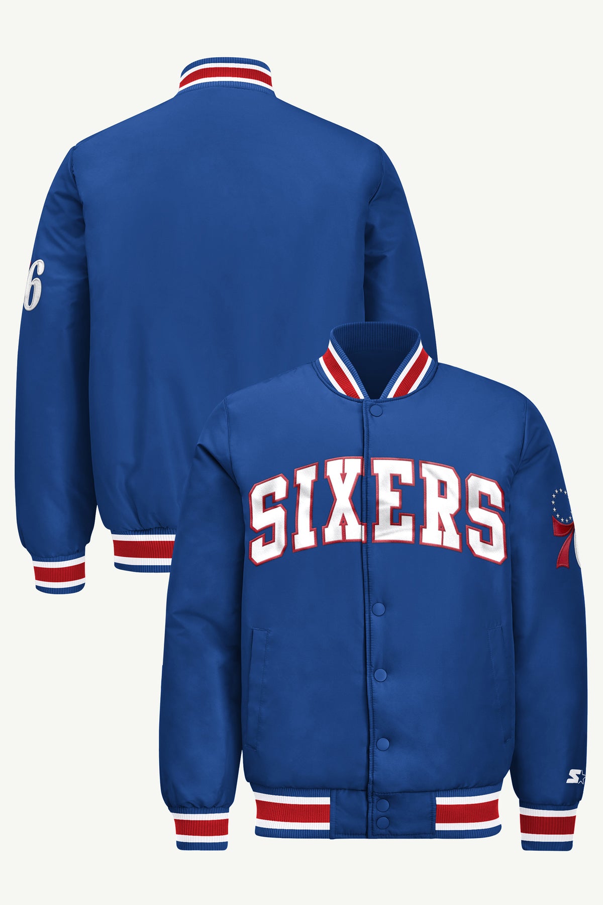 MENS PHILADELPHIA 76ERS ACROSS SATIN VARSITY JACKET View 1 | Men's Starter Jackets MENS PHILADELPHIA 76ERS ACROSS SATIN VARSITY JACKET View 1 | Men's Starter Jackets