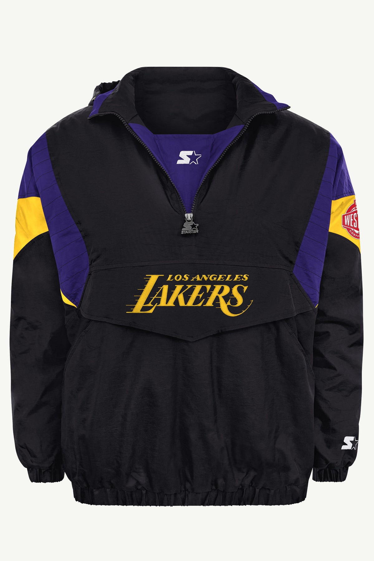 MENS LOS ANGELES LAKERS BLACK THROWBACK HALF ZIP HOODED JACKET View 2 MENS LOS ANGELES LAKERS BLACK THROWBACK HALF ZIP HOODED JACKET View 2