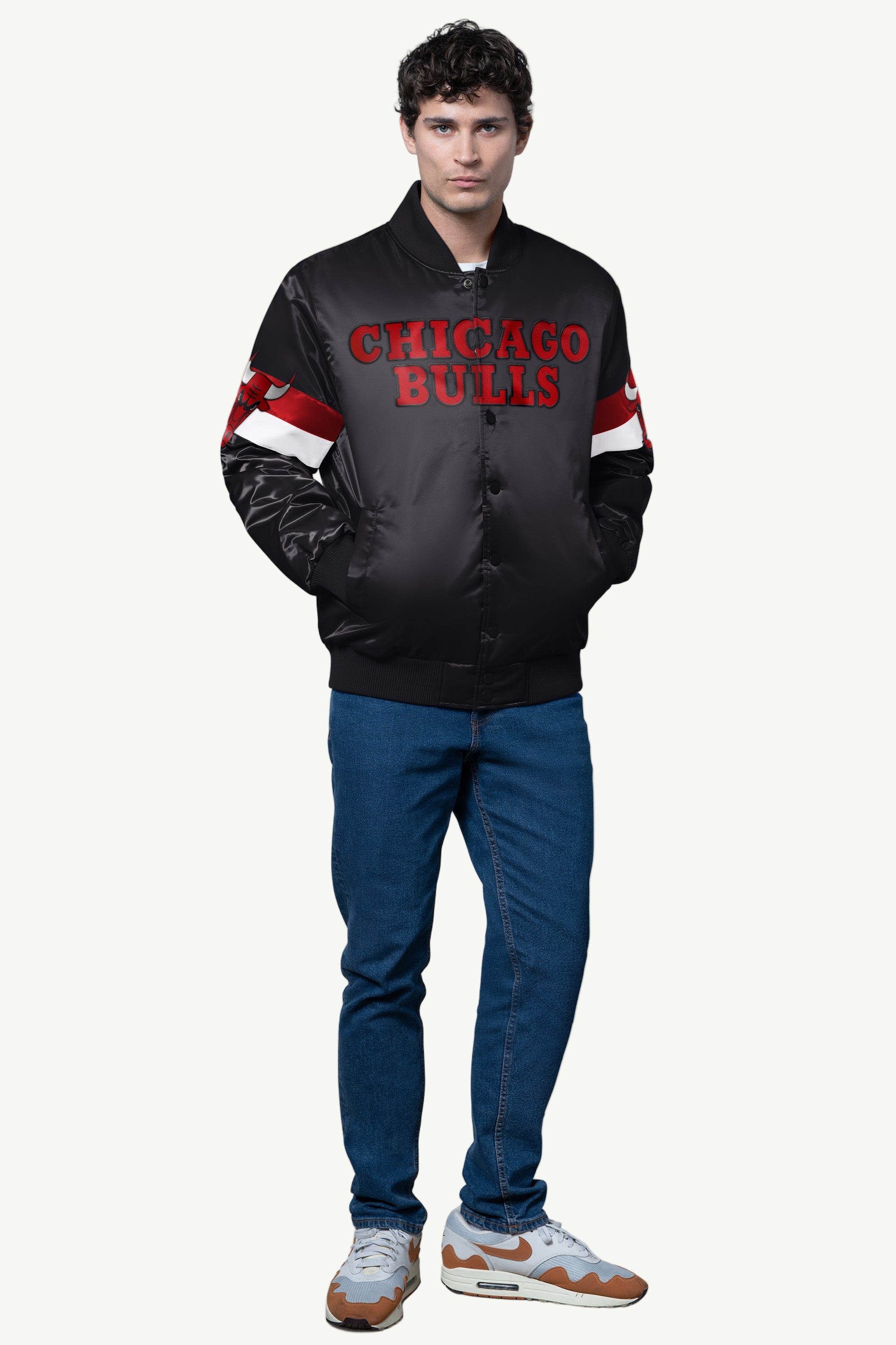 MENS CHICAGO BULLS TRIPLE OPTION SATIN VARSITY JACKET View 3 MENS CHICAGO BULLS TRIPLE OPTION SATIN VARSITY JACKET View 3