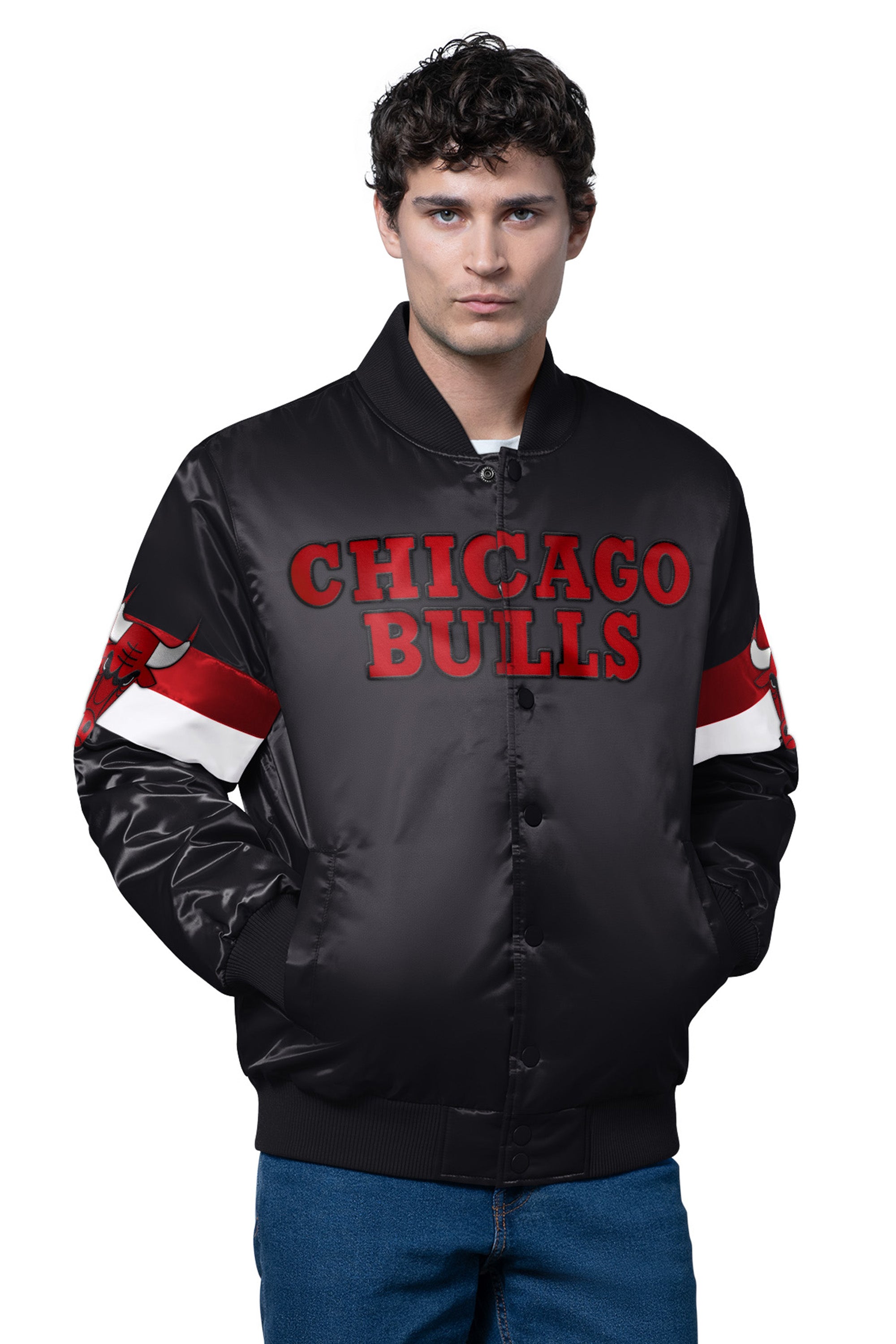 MENS CHICAGO BULLS TRIPLE OPTION SATIN VARSITY JACKET View 1 | NBA MENS CHICAGO BULLS TRIPLE OPTION SATIN VARSITY JACKET View 1 | NBA