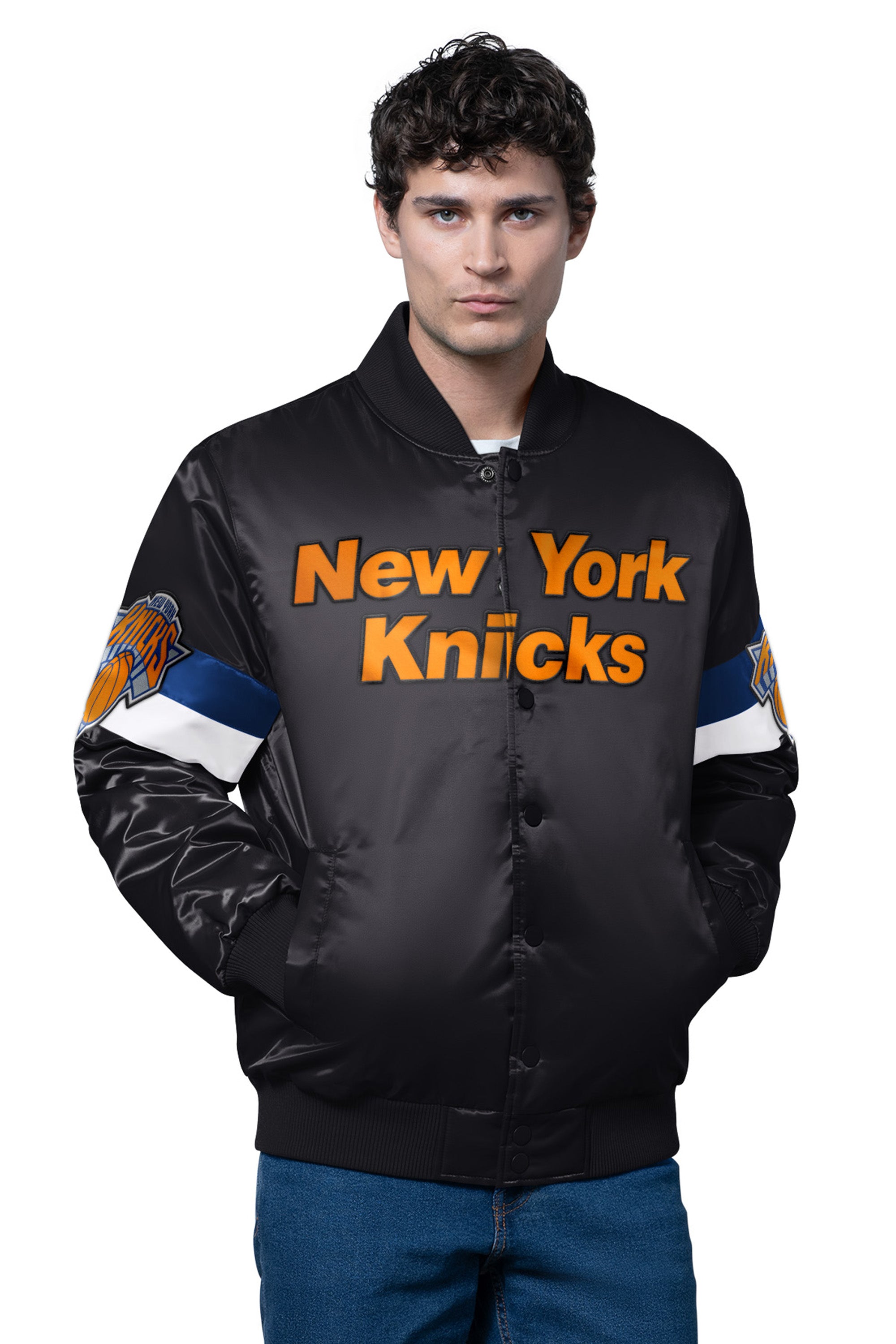 MENS NEW YORK KNICKS TRIPLE OPTION SATIN VARSITY JACKET View 1 | NBA MENS NEW YORK KNICKS TRIPLE OPTION SATIN VARSITY JACKET View 1 | NBA