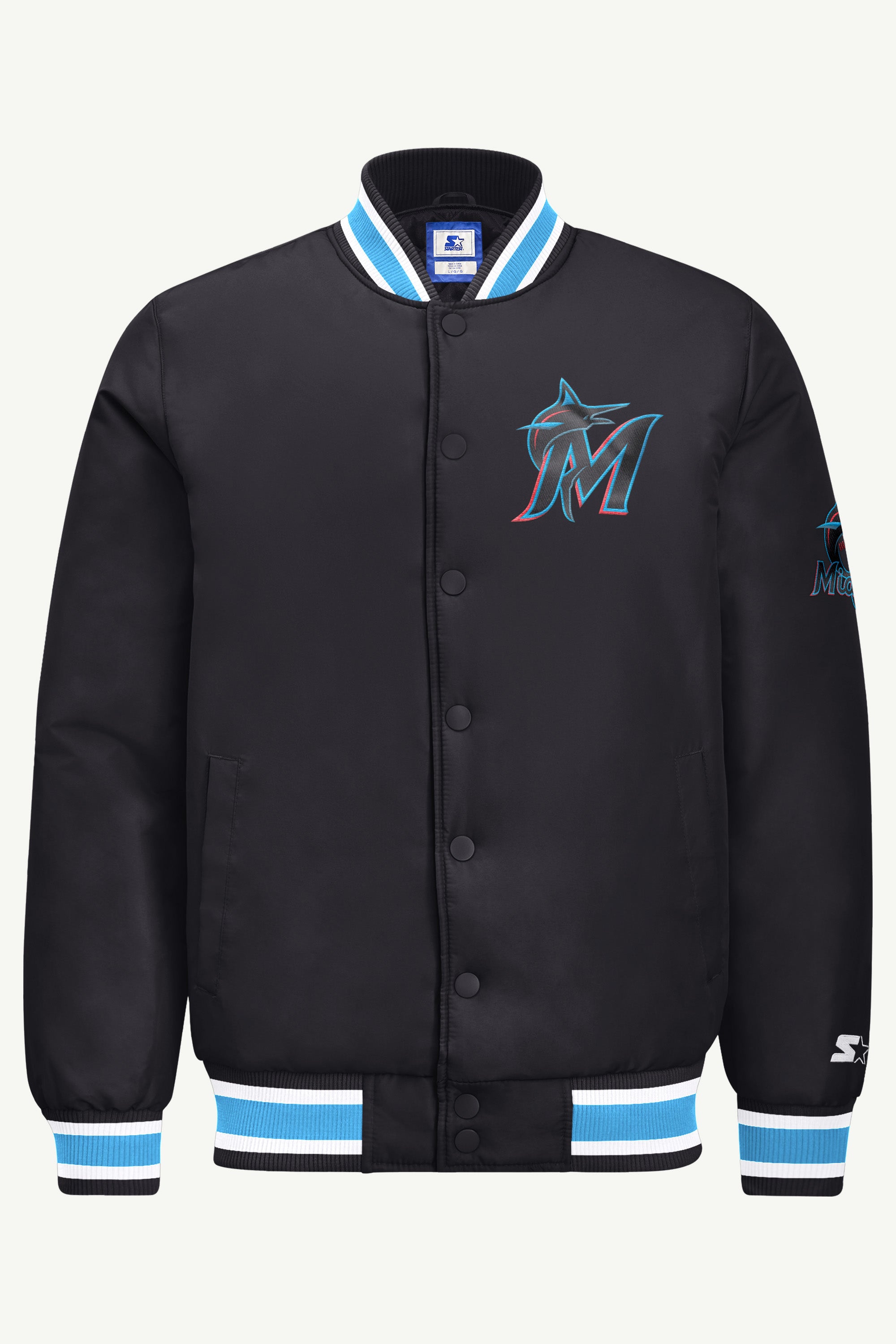 MENS MIAMI MARLINS GAME DAY SATIN VARSITY JACKET View 2 MENS MIAMI MARLINS GAME DAY SATIN VARSITY JACKET View 2