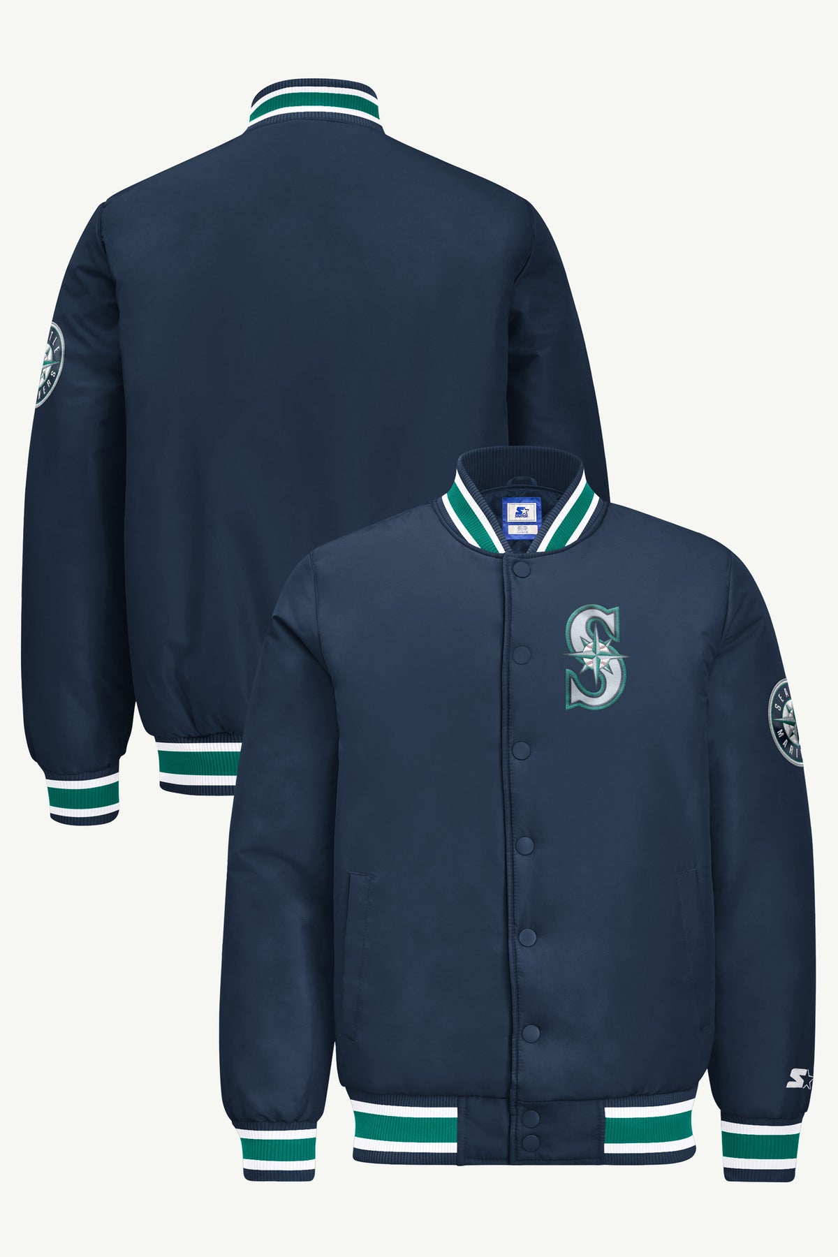 MENS SEATTLE MARINERS GAME DAY SATIN VARSITY JACKET View 1 MENS SEATTLE MARINERS GAME DAY SATIN VARSITY JACKET View 1