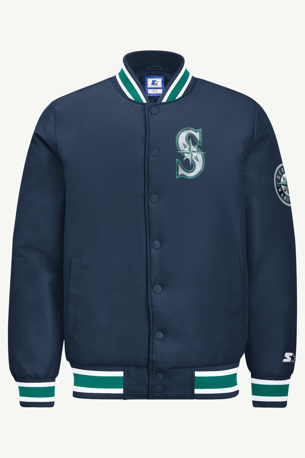 MENS SEATTLE MARINERS GAME DAY SATIN VARSITY JACKET View 2 MENS SEATTLE MARINERS GAME DAY SATIN VARSITY JACKET View 2