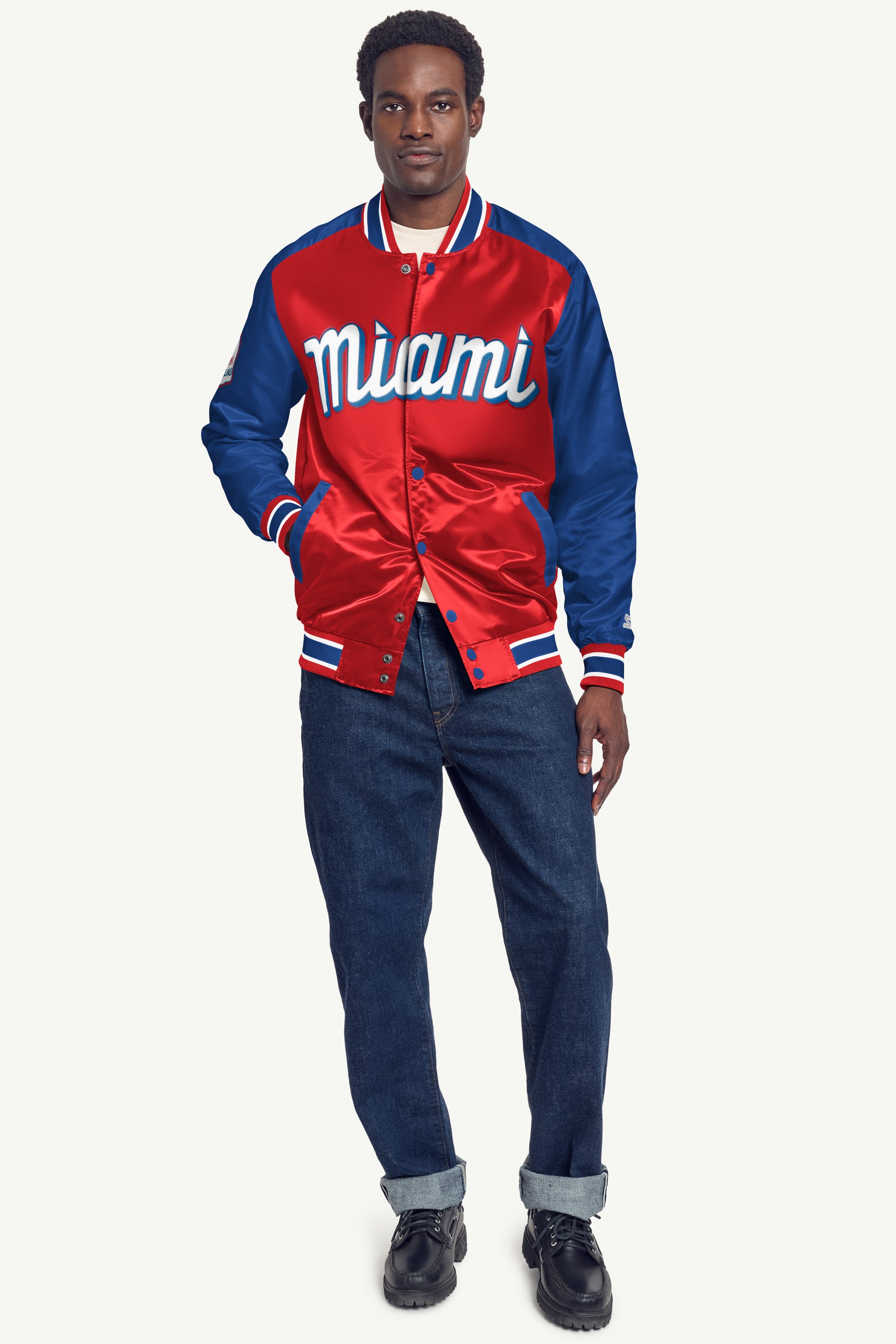 MENS MIAMI MARLINS SATIN VARSITY JACKET View 3 MENS MIAMI MARLINS SATIN VARSITY JACKET View 3