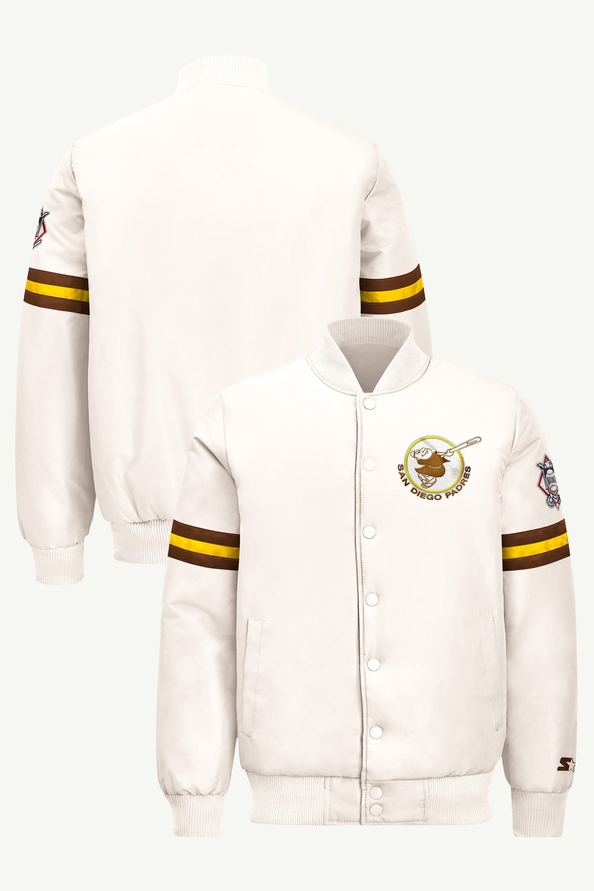 MENS SAN DIEGO PADRES COOPERSTOWN STRIPE SLEEVE VARSITY JACKET View 1 | MLB MENS SAN DIEGO PADRES COOPERSTOWN STRIPE SLEEVE VARSITY JACKET View 1 | MLB