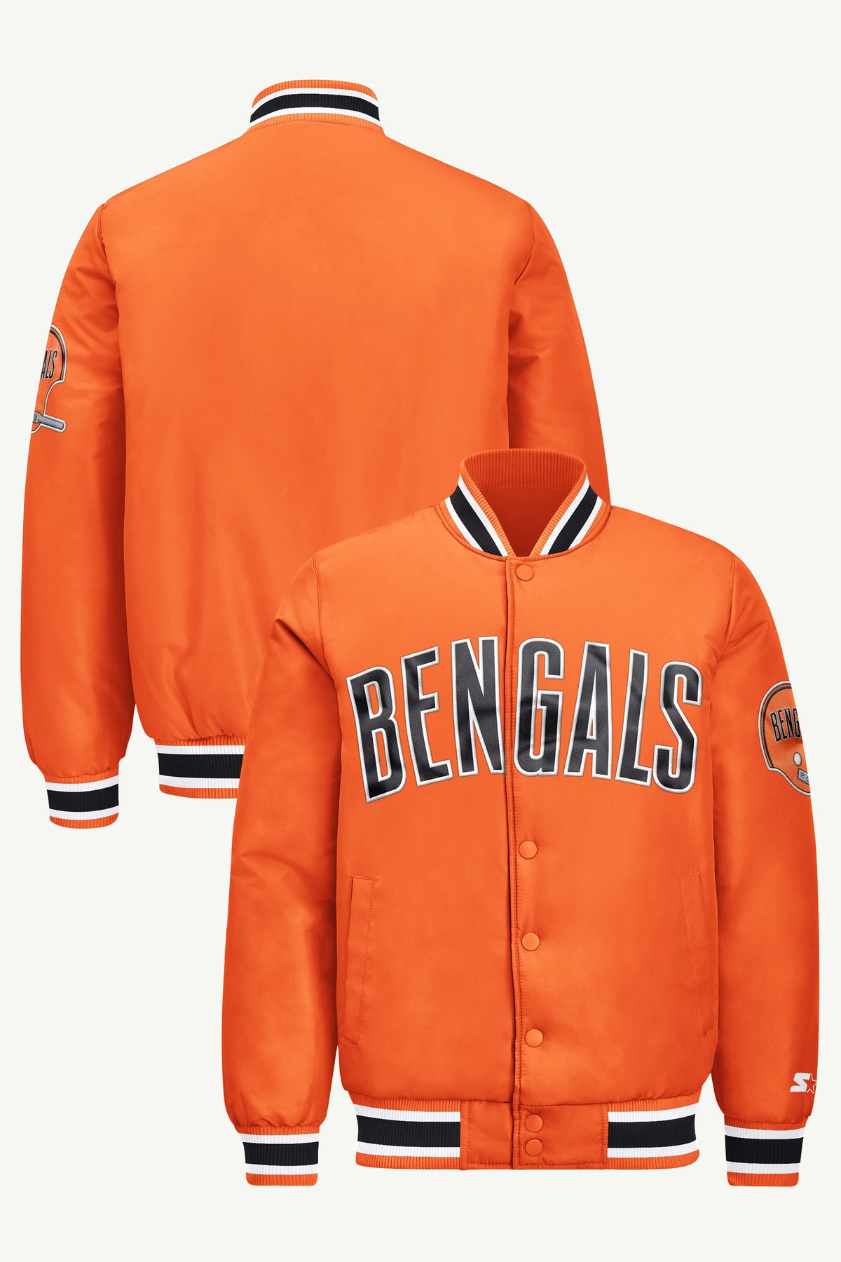 MENS CINCINNATI BENGALS RETRO ACROSS SATIN VARSITY JACKET View 1 MENS CINCINNATI BENGALS RETRO ACROSS SATIN VARSITY JACKET View 1