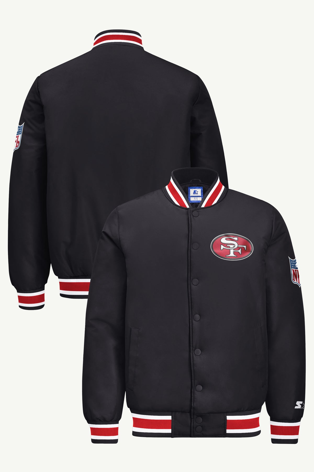 MENS SAN FRANCISCO 49ERS GAME DAY SATIN VARSITY JACKET View 1 MENS SAN FRANCISCO 49ERS GAME DAY SATIN VARSITY JACKET View 1