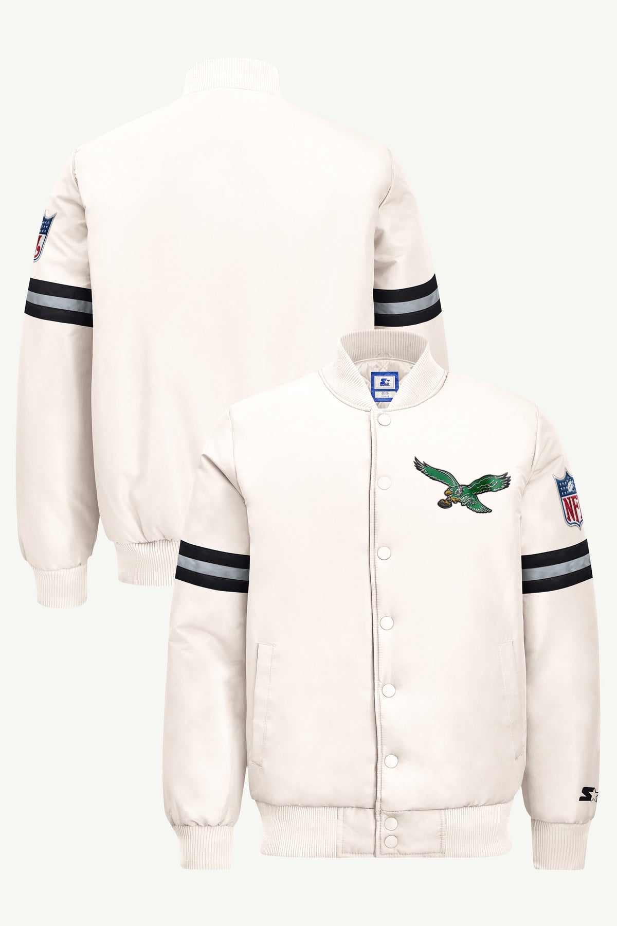 MENS PHILADELPHIA EAGLES RETRO STRIPE SLEEVE VARSITY JACKET View 1 | STARTER JACKETS MENS PHILADELPHIA EAGLES RETRO STRIPE SLEEVE VARSITY JACKET View 1 | STARTER JACKETS