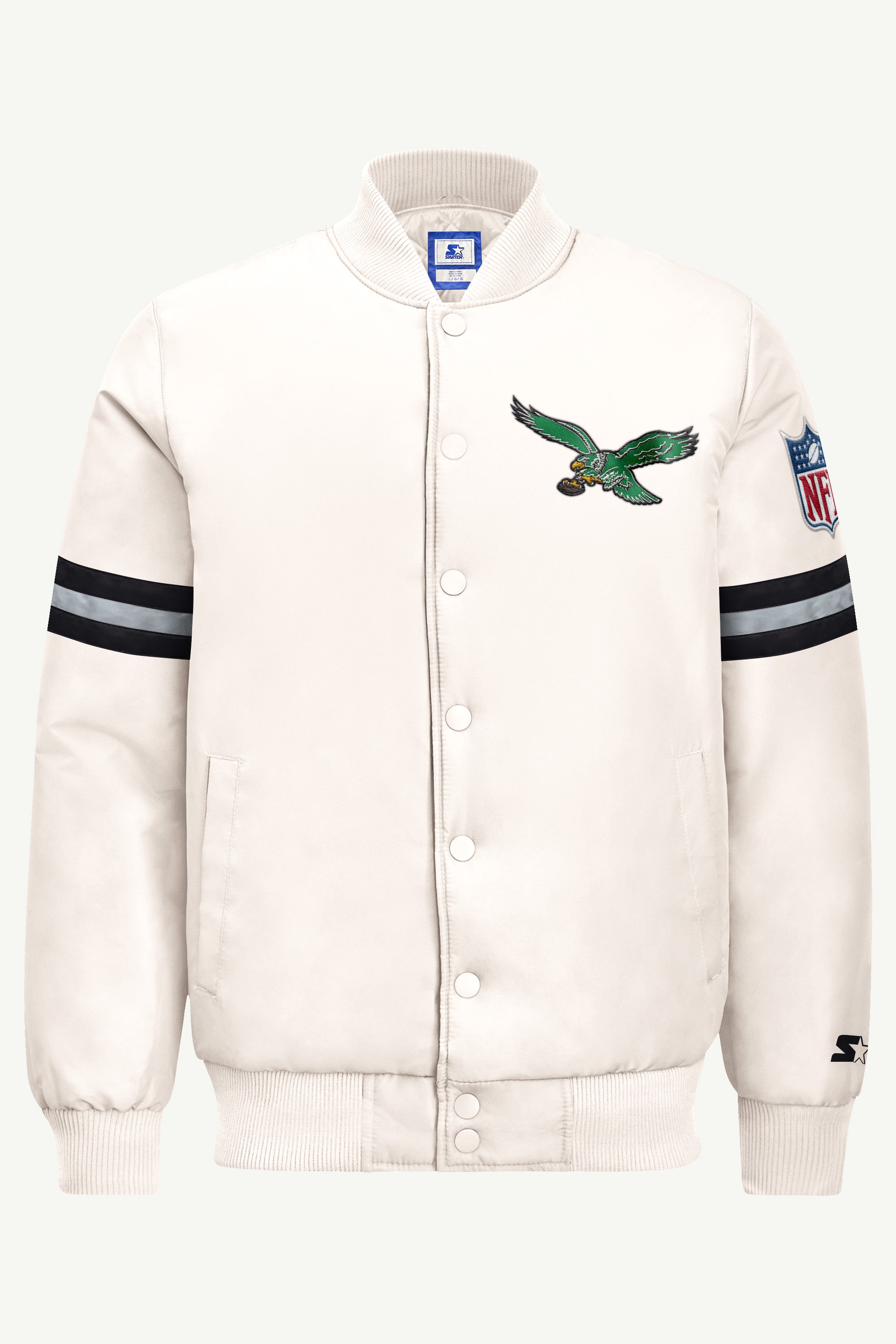 MENS PHILADELPHIA EAGLES RETRO STRIPE SLEEVE VARSITY JACKET View 2 | STARTER JACKETS MENS PHILADELPHIA EAGLES RETRO STRIPE SLEEVE VARSITY JACKET View 2 | STARTER JACKETS