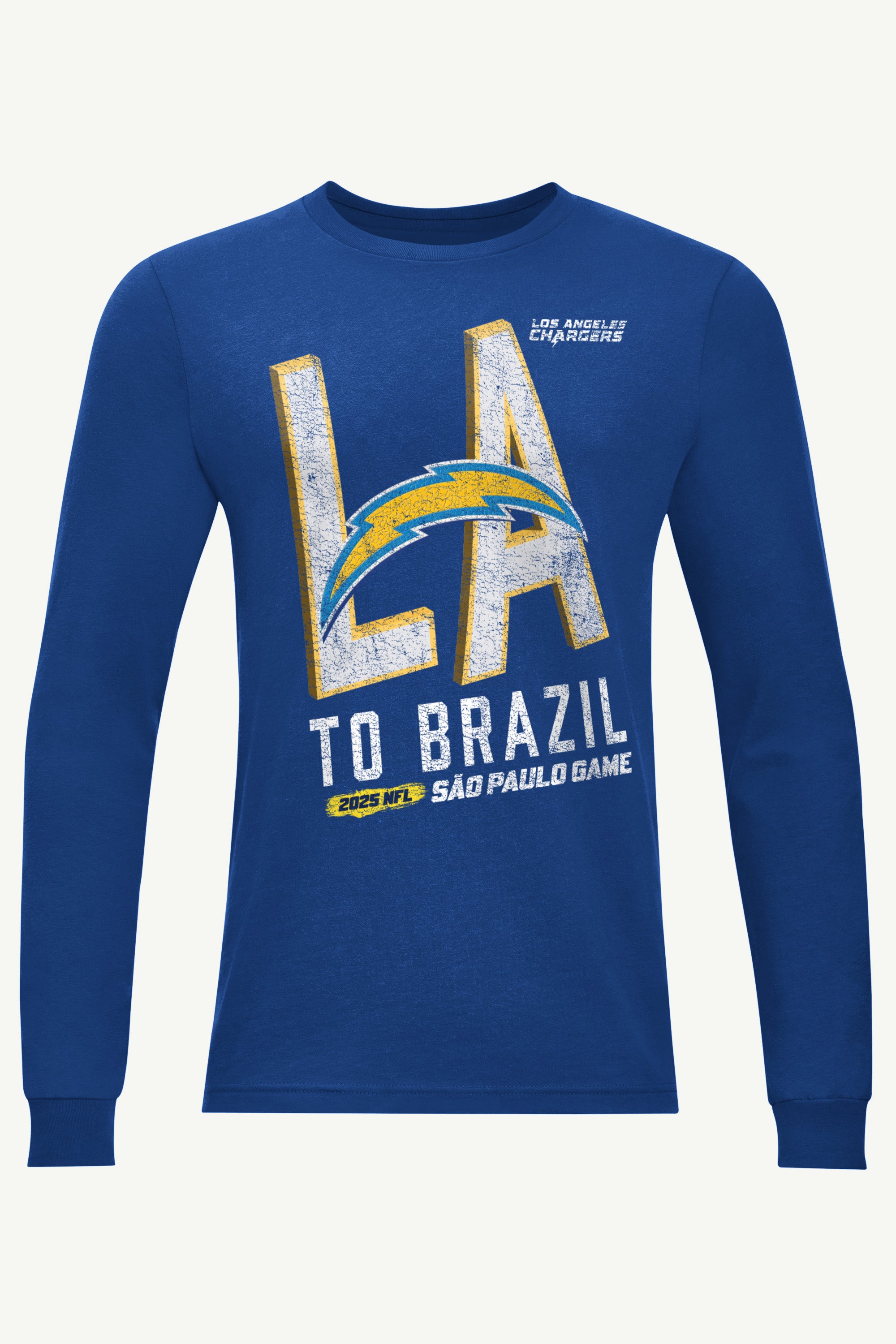 MENS LOS ANGELES CHARGERS TO BRAZIL LONG SLEEVE T SHIRT View 1 | NFL International Games MENS LOS ANGELES CHARGERS TO BRAZIL LONG SLEEVE T SHIRT View 1 | NFL International Games