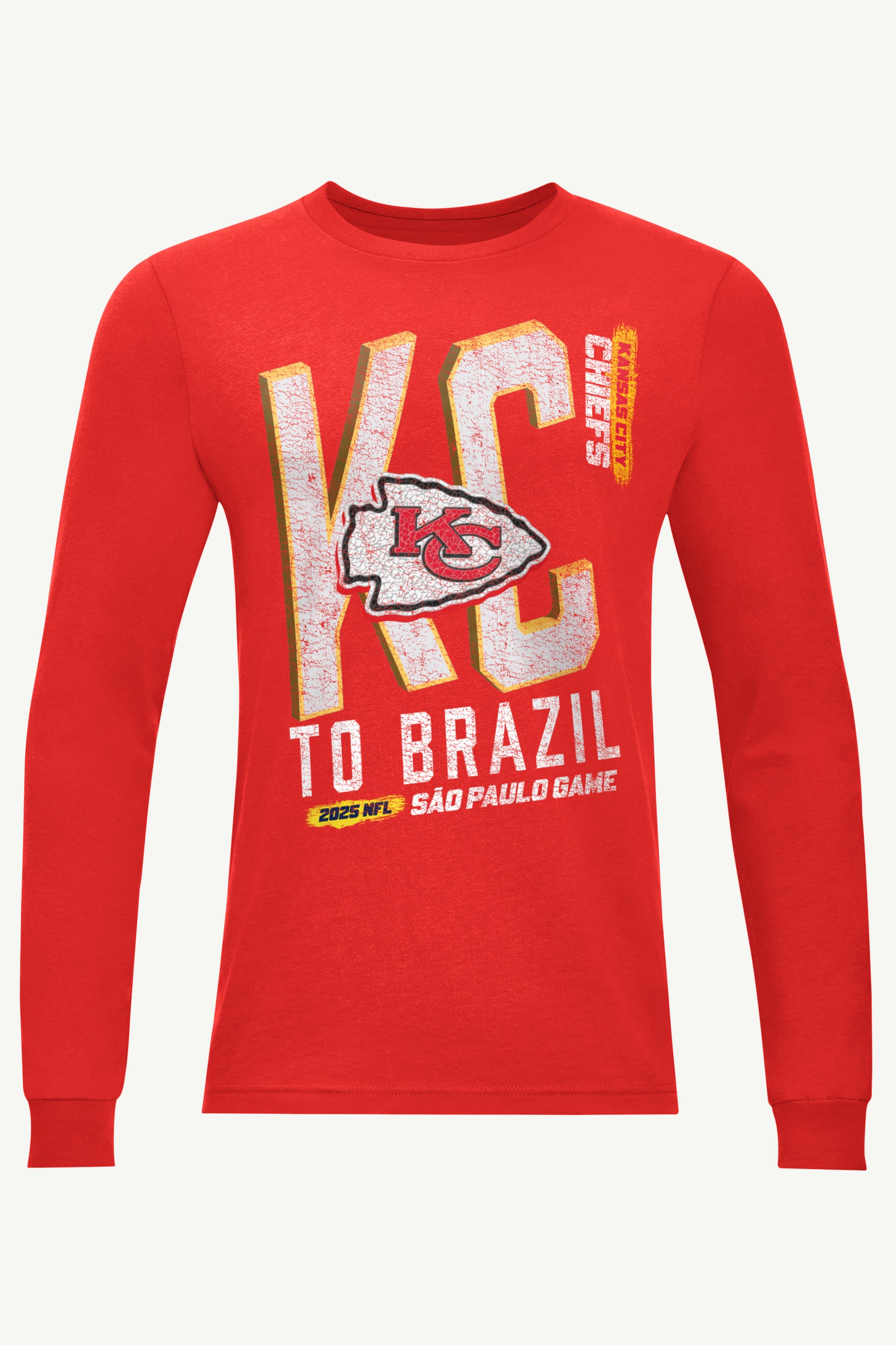 MENS KANSAS CITY CHIEFS TO BRAZIL WE GO LONG SLEEVE T SHIRT View 1 | NFL International Games MENS KANSAS CITY CHIEFS TO BRAZIL WE GO LONG SLEEVE T SHIRT View 1 | NFL International Games