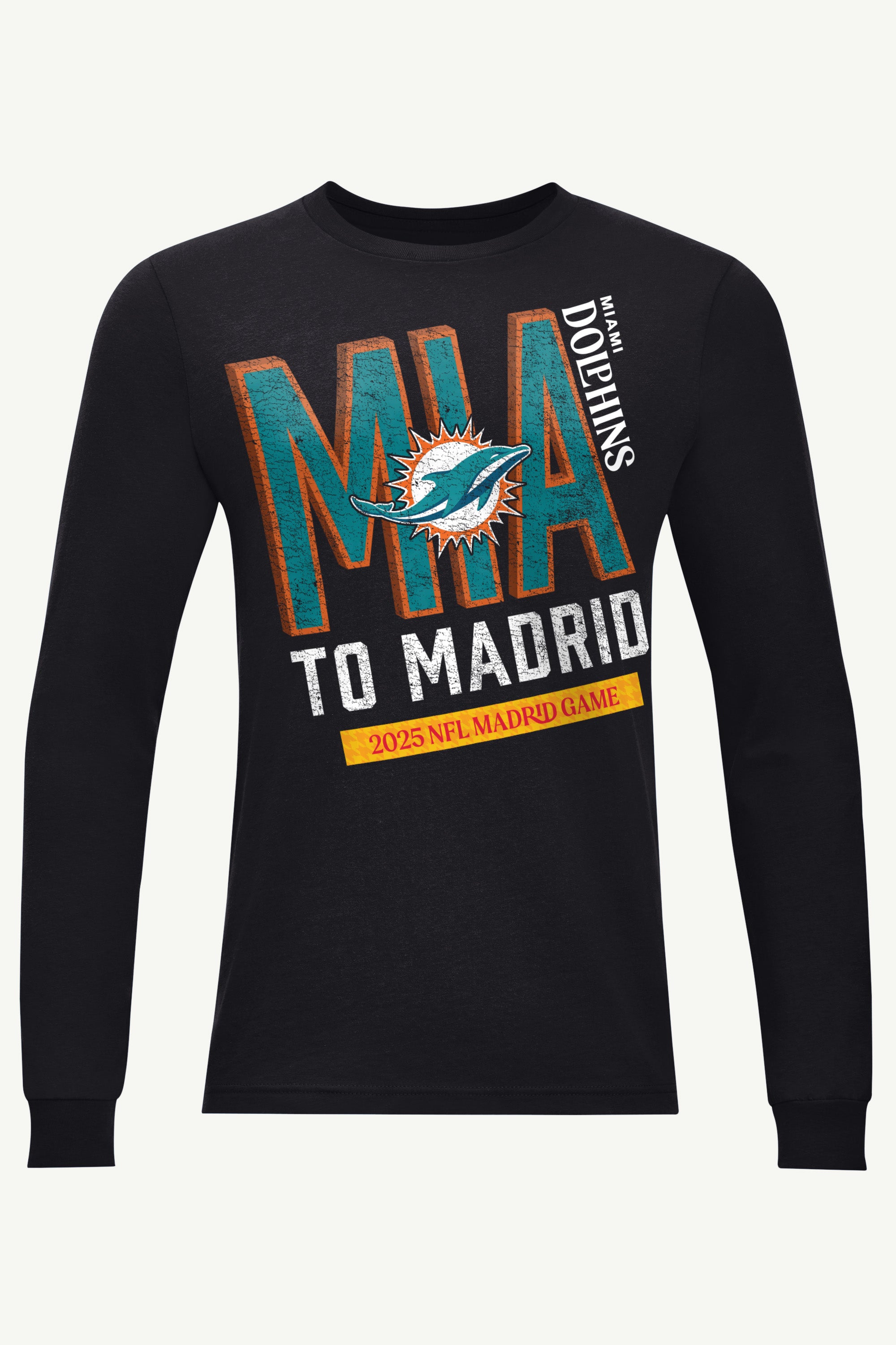 MENS MIAMI DOLPHINS TO MADRID WE GO LONG SLEEVE T SHIRT View 1 | Miami Dolphins MENS MIAMI DOLPHINS TO MADRID WE GO LONG SLEEVE T SHIRT View 1 | Miami Dolphins