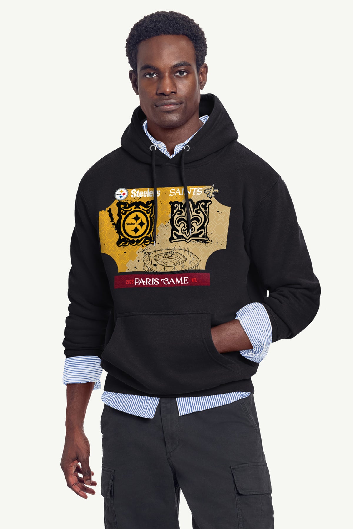 MENS PITTSBURGH STEELERS VS. NEW ORLEANS SAINTS PARIS MATCHUP HOODIE View 4 MENS PITTSBURGH STEELERS VS. NEW ORLEANS SAINTS PARIS MATCHUP HOODIE View 4