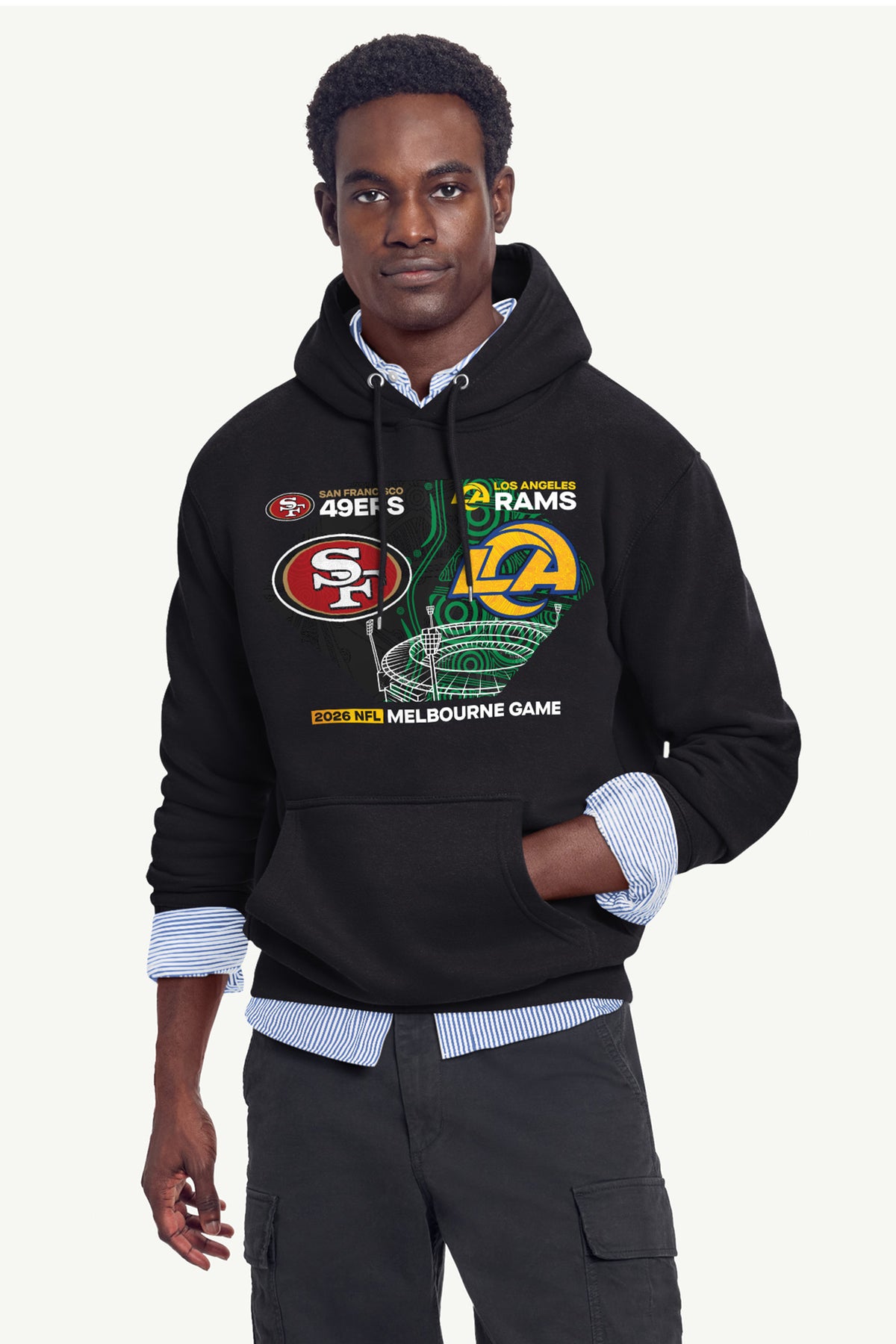 MENS SAN FRANCISCO 49ERS VS. LA RAMS MELBOURNE MATCHUP HOODIE View 4 MENS SAN FRANCISCO 49ERS VS. LA RAMS MELBOURNE MATCHUP HOODIE View 4