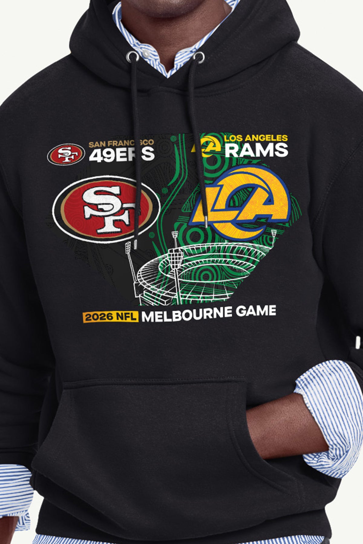 MENS SAN FRANCISCO 49ERS VS. LA RAMS MELBOURNE MATCHUP HOODIE View 2 MENS SAN FRANCISCO 49ERS VS. LA RAMS MELBOURNE MATCHUP HOODIE View 2