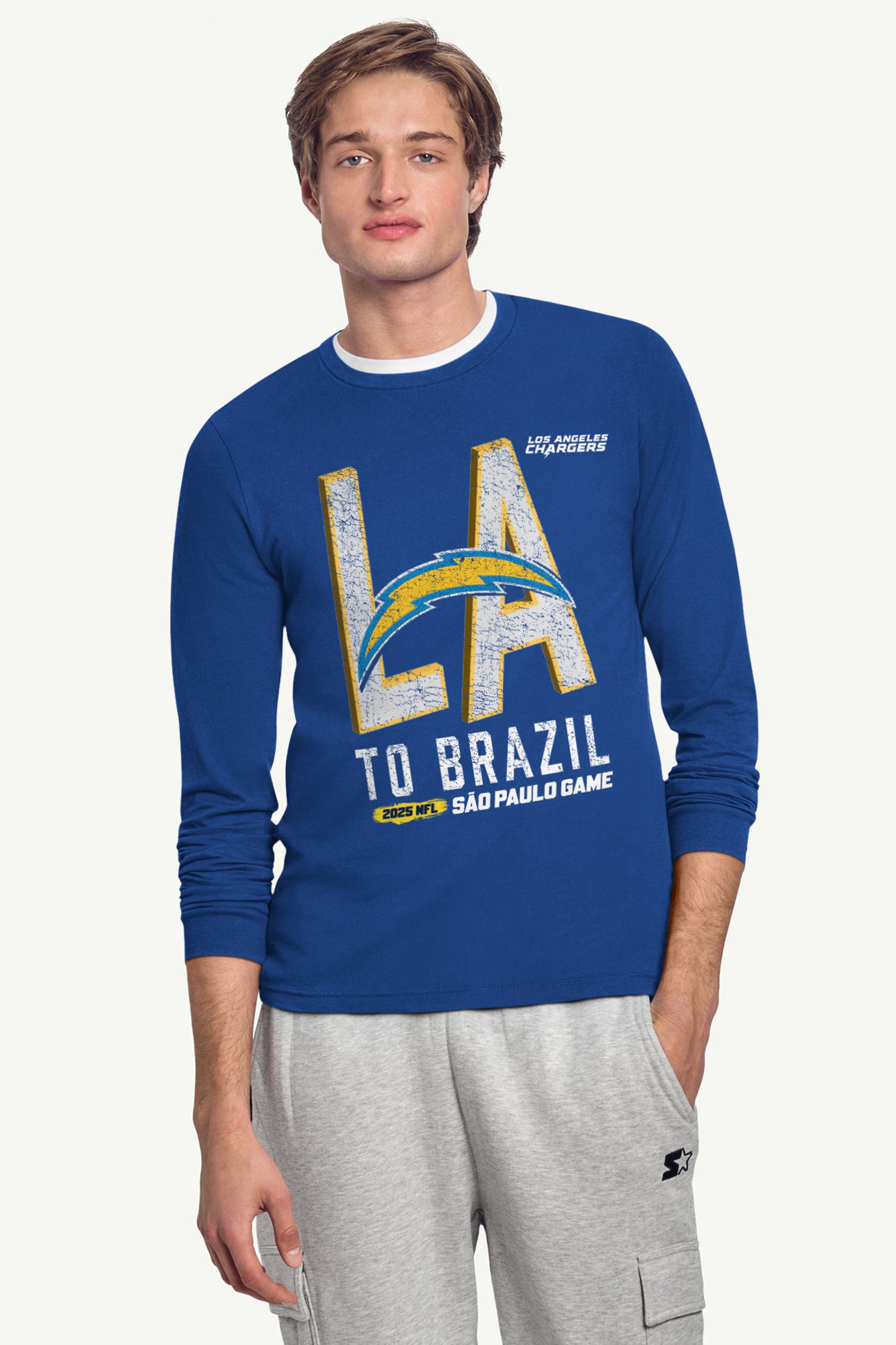 MENS LOS ANGELES CHARGERS TO BRAZIL LONG SLEEVE T SHIRT View 2 | NFL International Games MENS LOS ANGELES CHARGERS TO BRAZIL LONG SLEEVE T SHIRT View 2 | NFL International Games