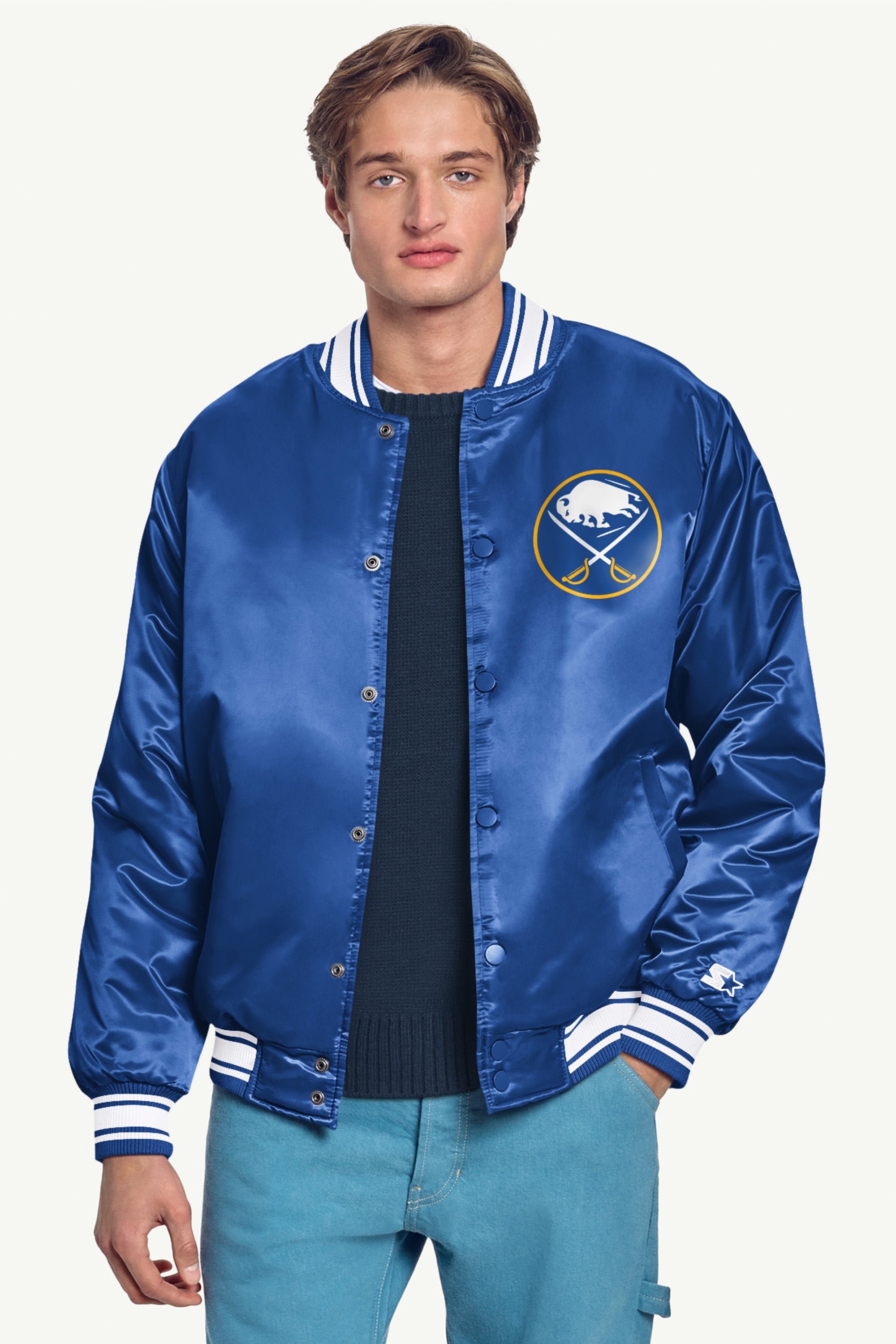 MENS BUFFALO SABRES PRINTED GRAPHIC TRIANGLE SATIN VARSITY JACKET View 3 | Starter Jackets MENS BUFFALO SABRES PRINTED GRAPHIC TRIANGLE SATIN VARSITY JACKET View 3 | Starter Jackets
