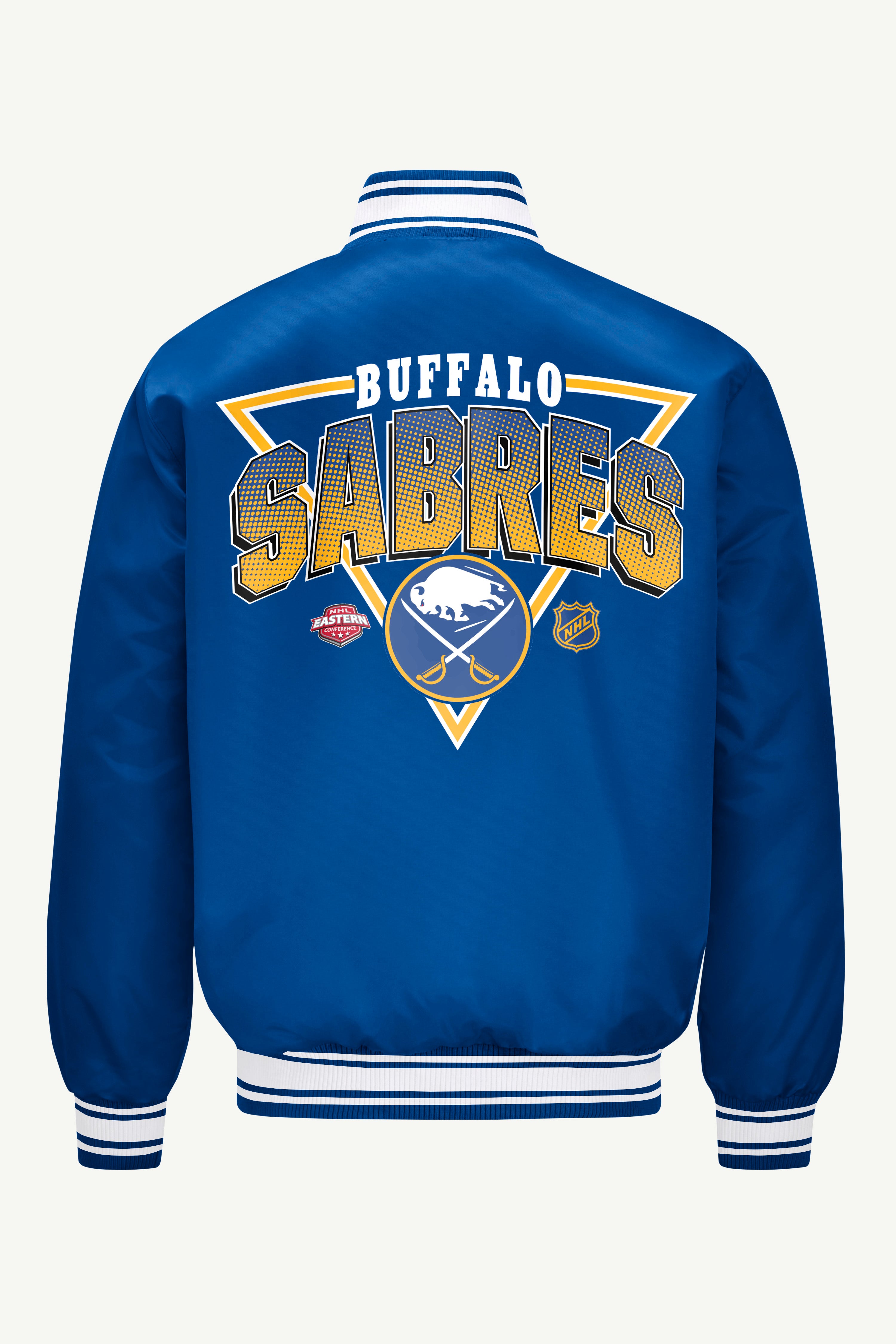 MENS BUFFALO SABRES PRINTED GRAPHIC TRIANGLE SATIN VARSITY JACKET View 2 | Men's Windbreakers MENS BUFFALO SABRES PRINTED GRAPHIC TRIANGLE SATIN VARSITY JACKET View 2 | Men's Windbreakers