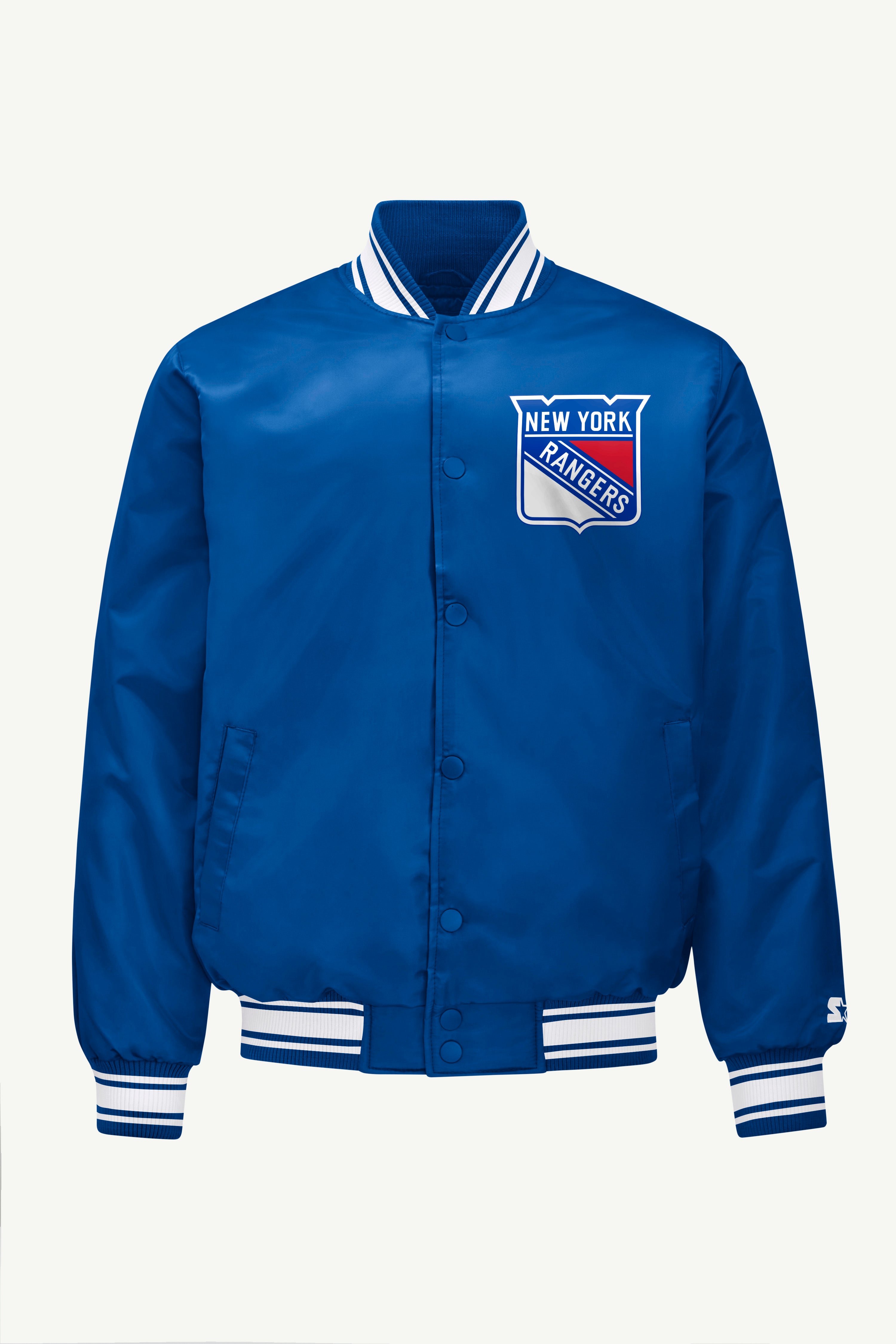 MENS NEW YORK RANGERS PRINTED GRAPHIC TRIANGLE SATIN VARSITY JACKET View 1 MENS NEW YORK RANGERS PRINTED GRAPHIC TRIANGLE SATIN VARSITY JACKET View 1