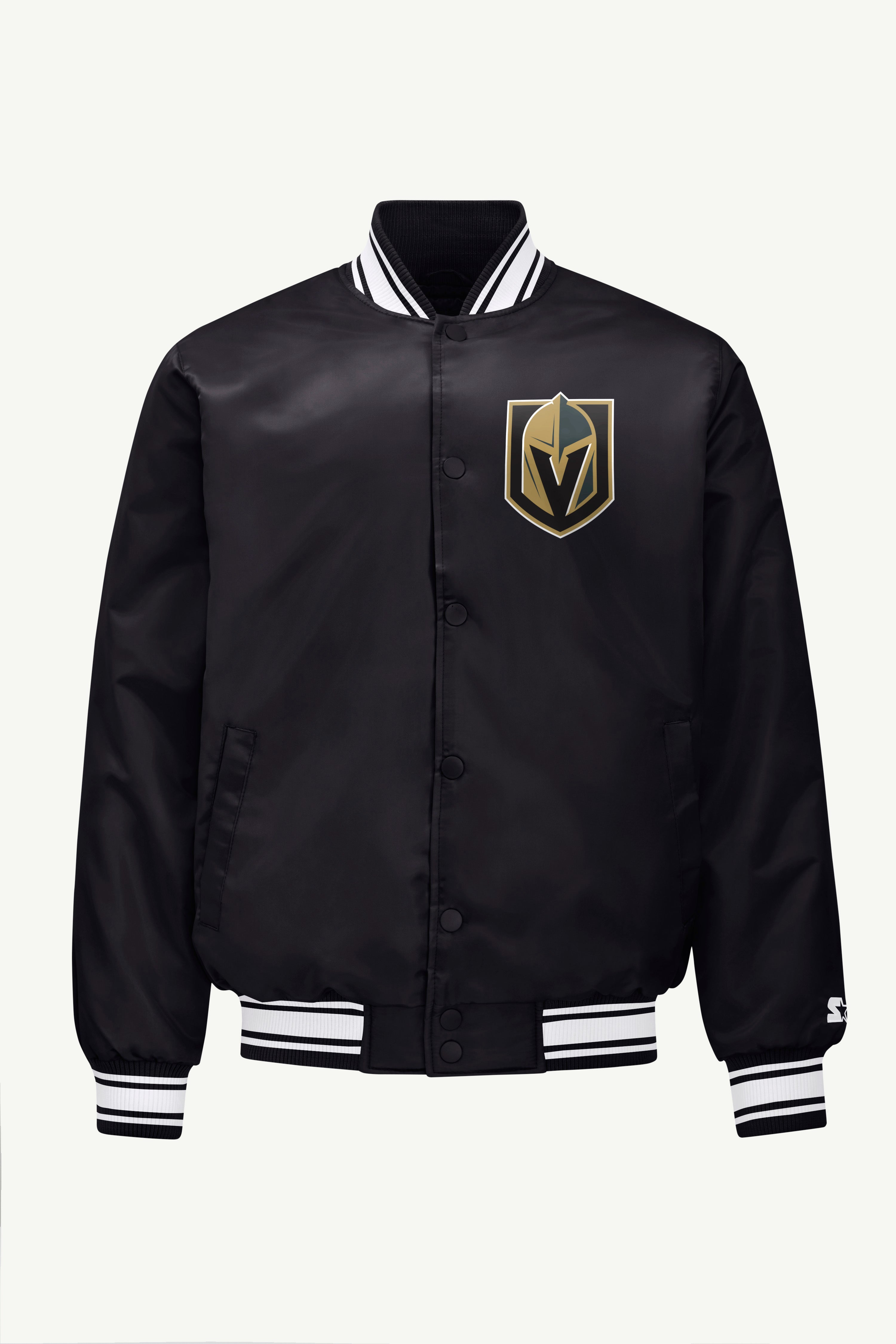 MENS VEGAS GOLDEN KNIGHTS PRINTED GRAPHIC TRIANGLE SATIN VARSITY JACKET View 1 MENS VEGAS GOLDEN KNIGHTS PRINTED GRAPHIC TRIANGLE SATIN VARSITY JACKET View 1