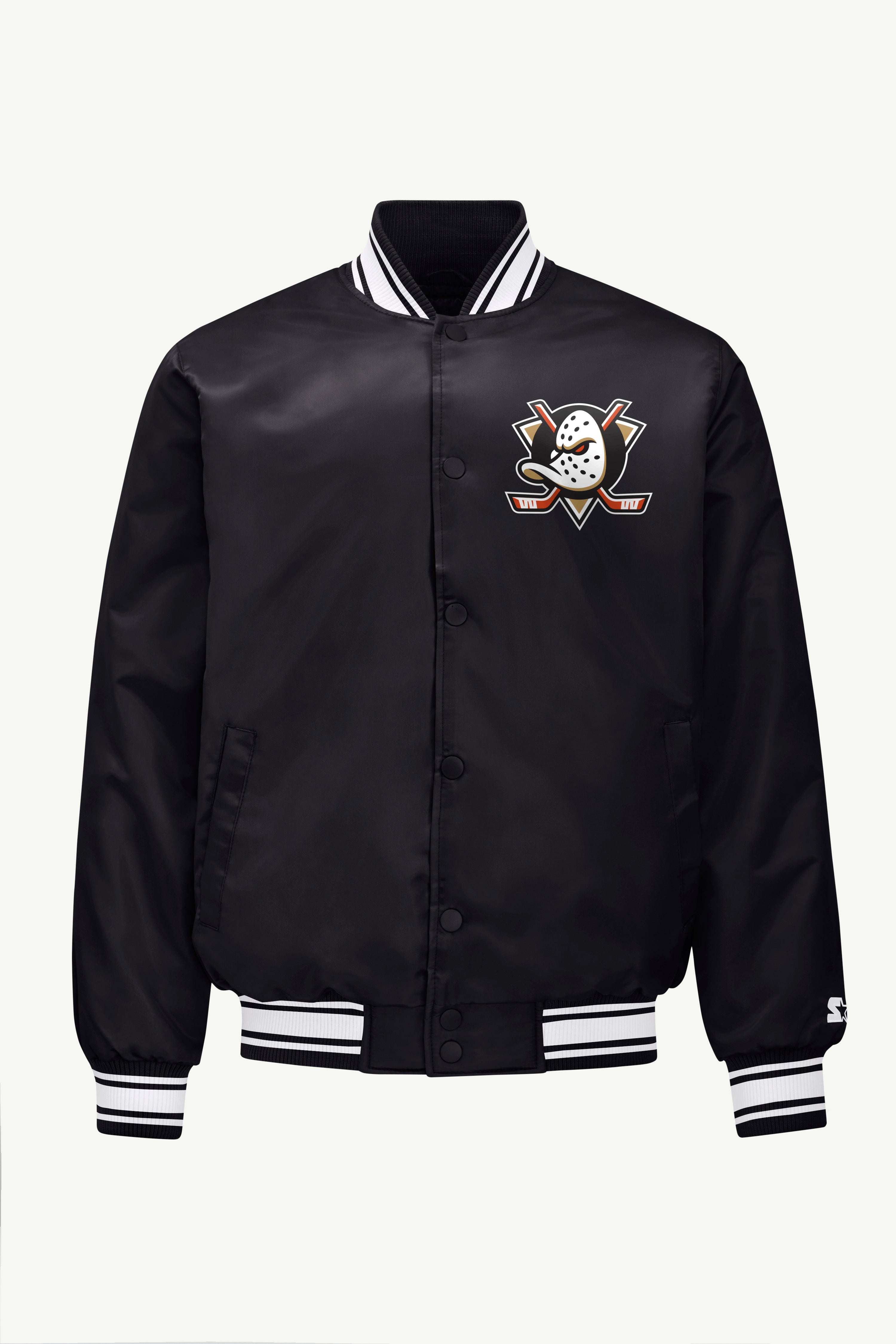 MENS ANAHEIM DUCKS TRIANGLE SATIN VARSITY JACKET View 1 MENS ANAHEIM DUCKS TRIANGLE SATIN VARSITY JACKET View 1